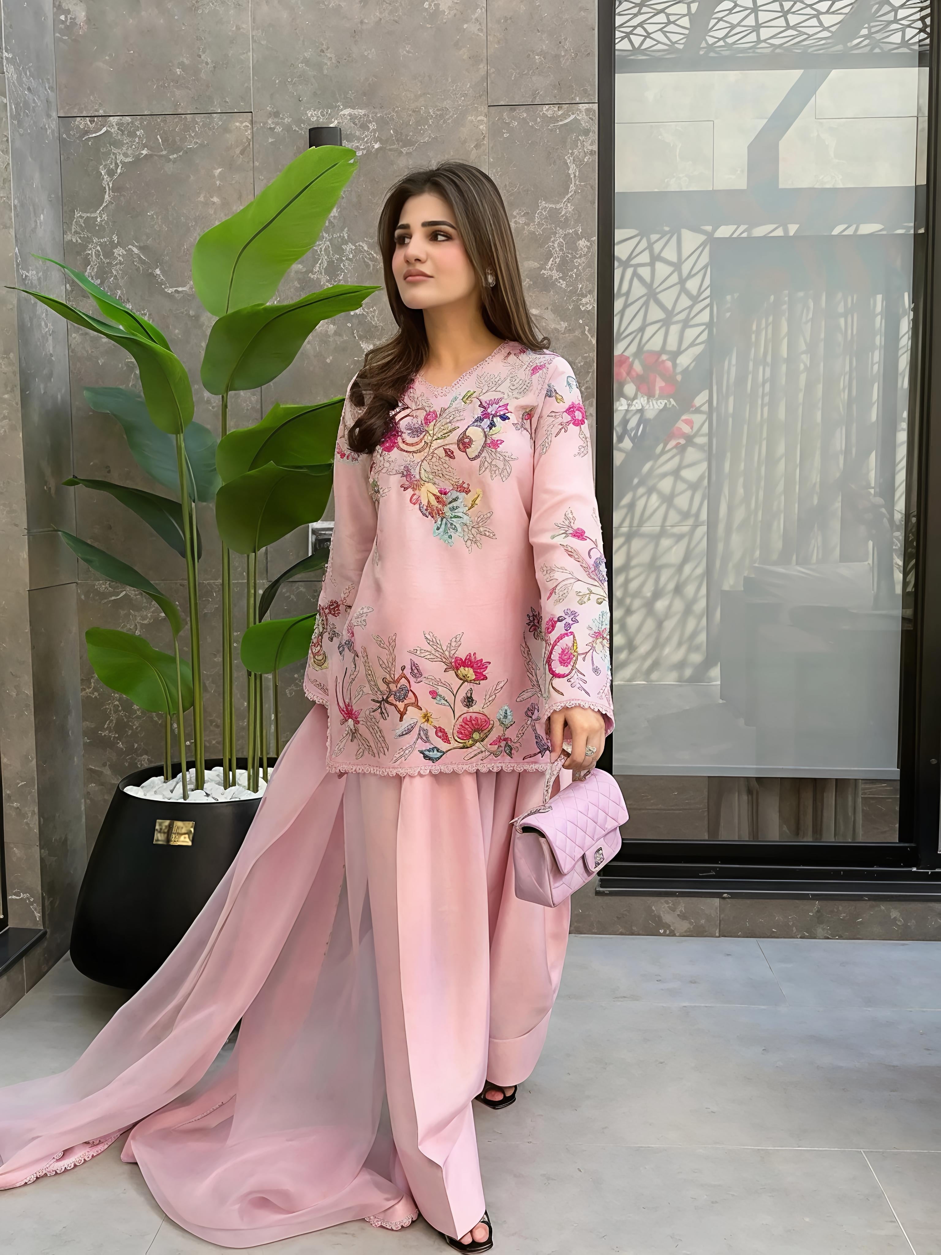 Baby Pink Crepe Silk Embroidered Farshi Palazzo Suit