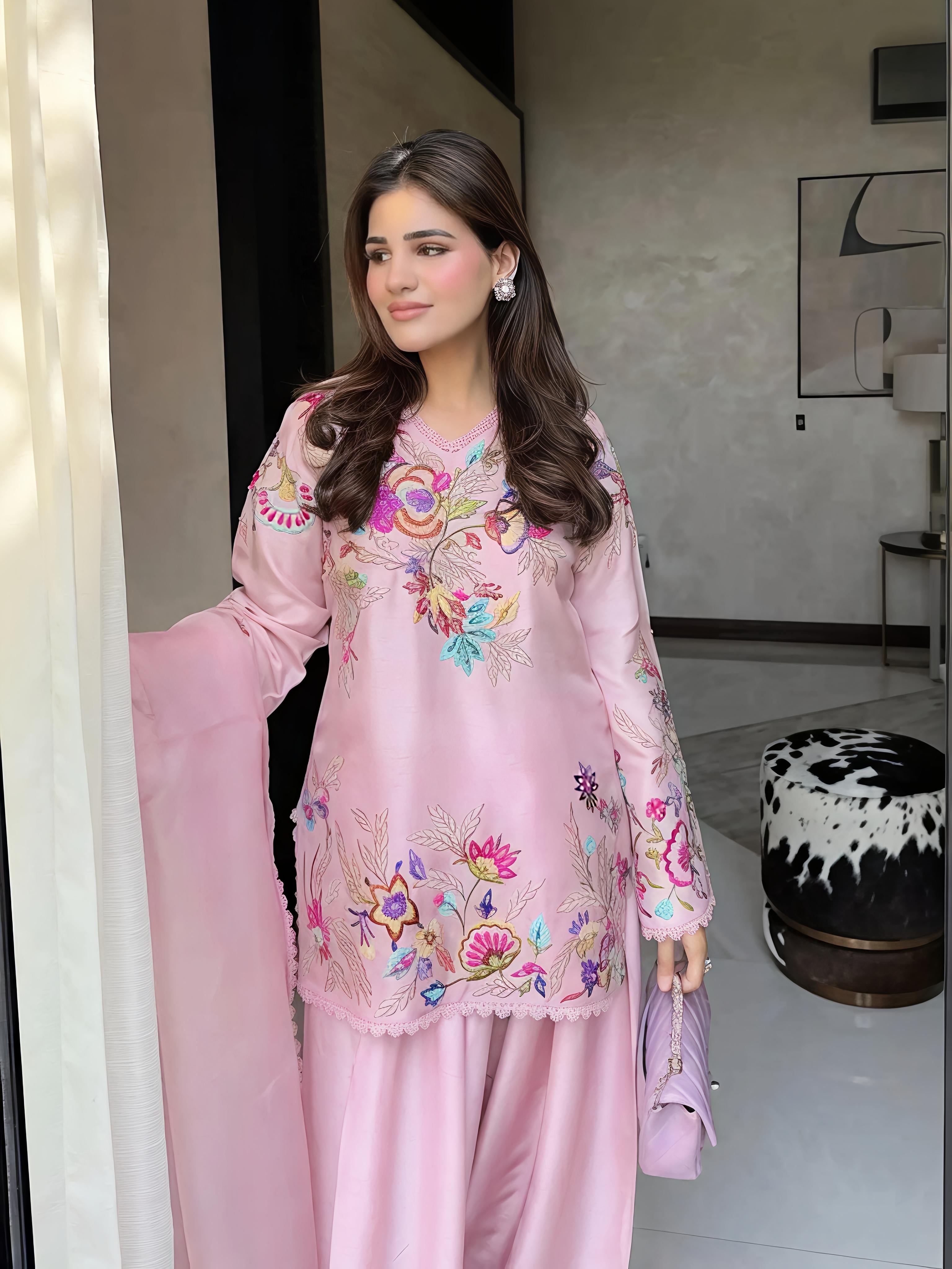 Baby Pink Crepe Silk Embroidered Farshi Palazzo Suit