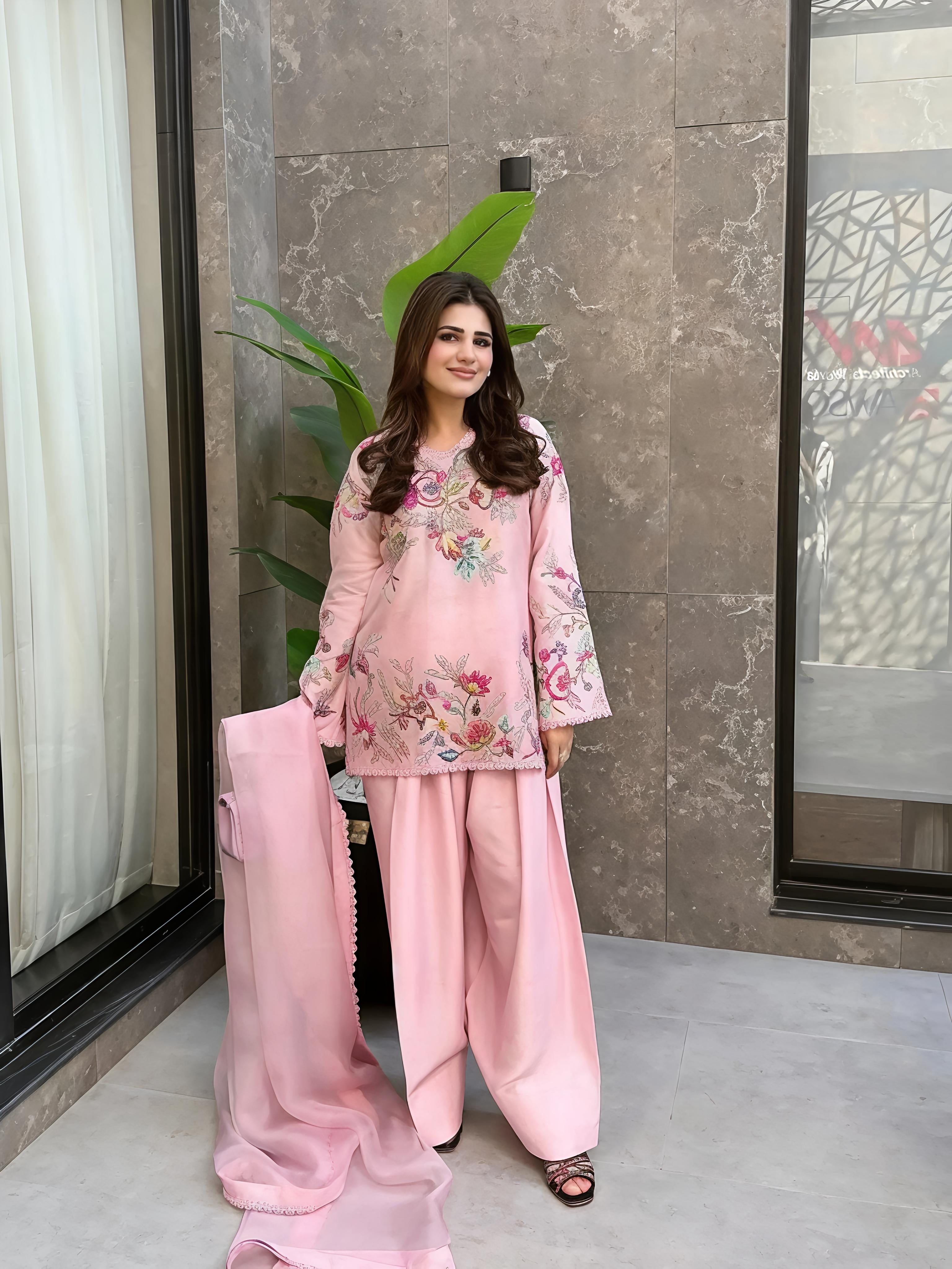 Baby Pink Crepe Silk Embroidered Farshi Palazzo Suit