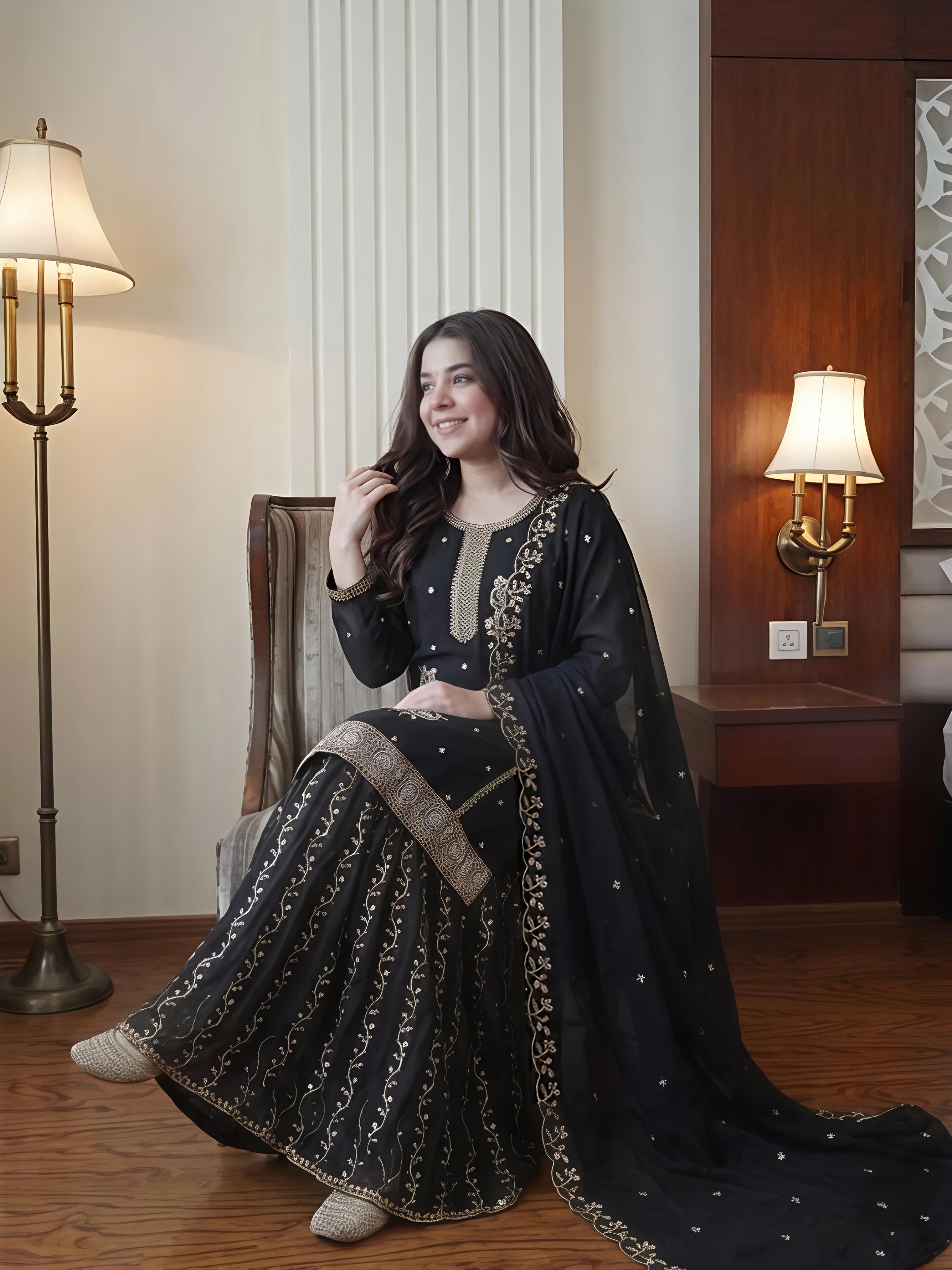 Black Gold Embroidery Gharara Set with Dupatta