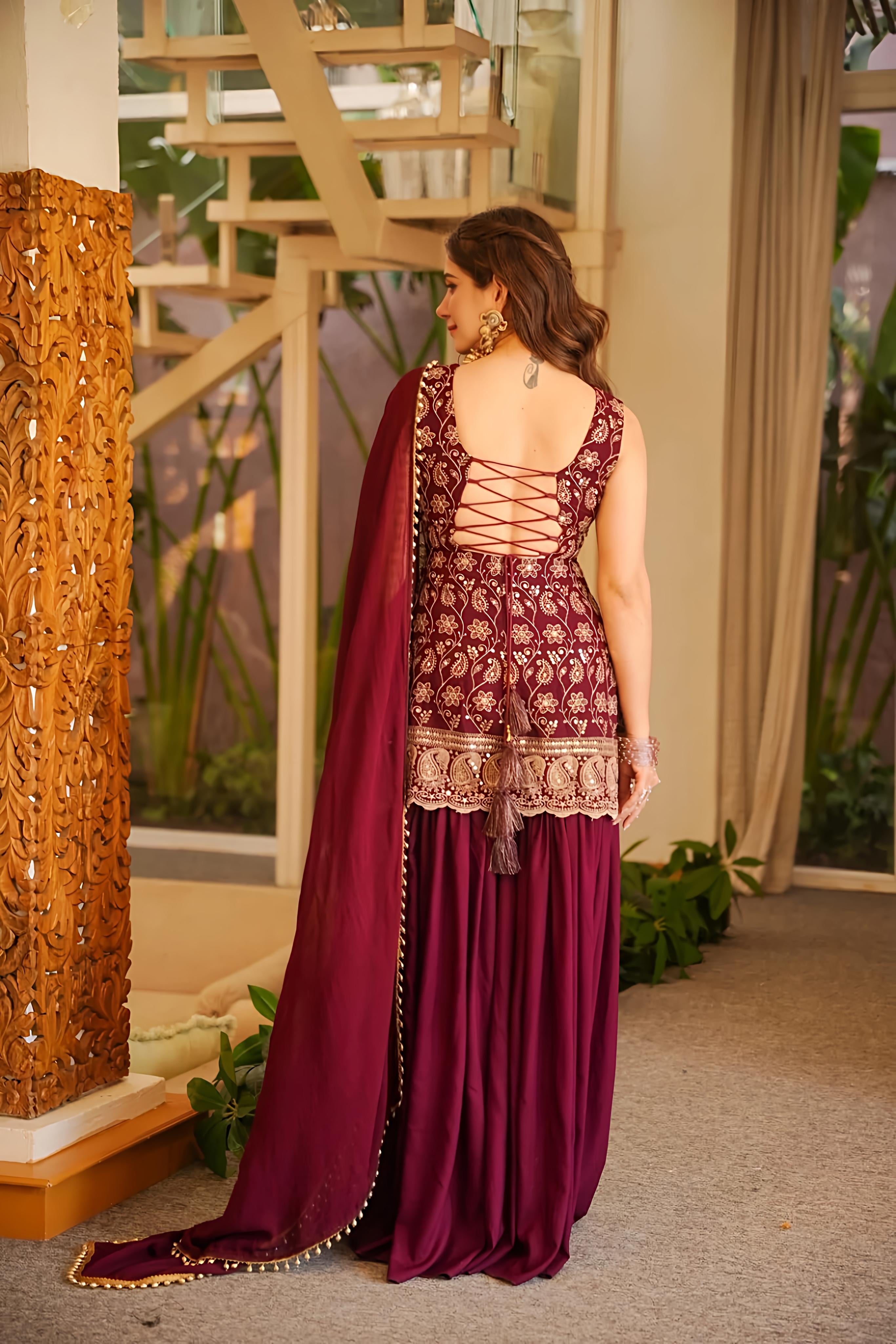 Hina Maroon Heavy Embroidered Sharara Set