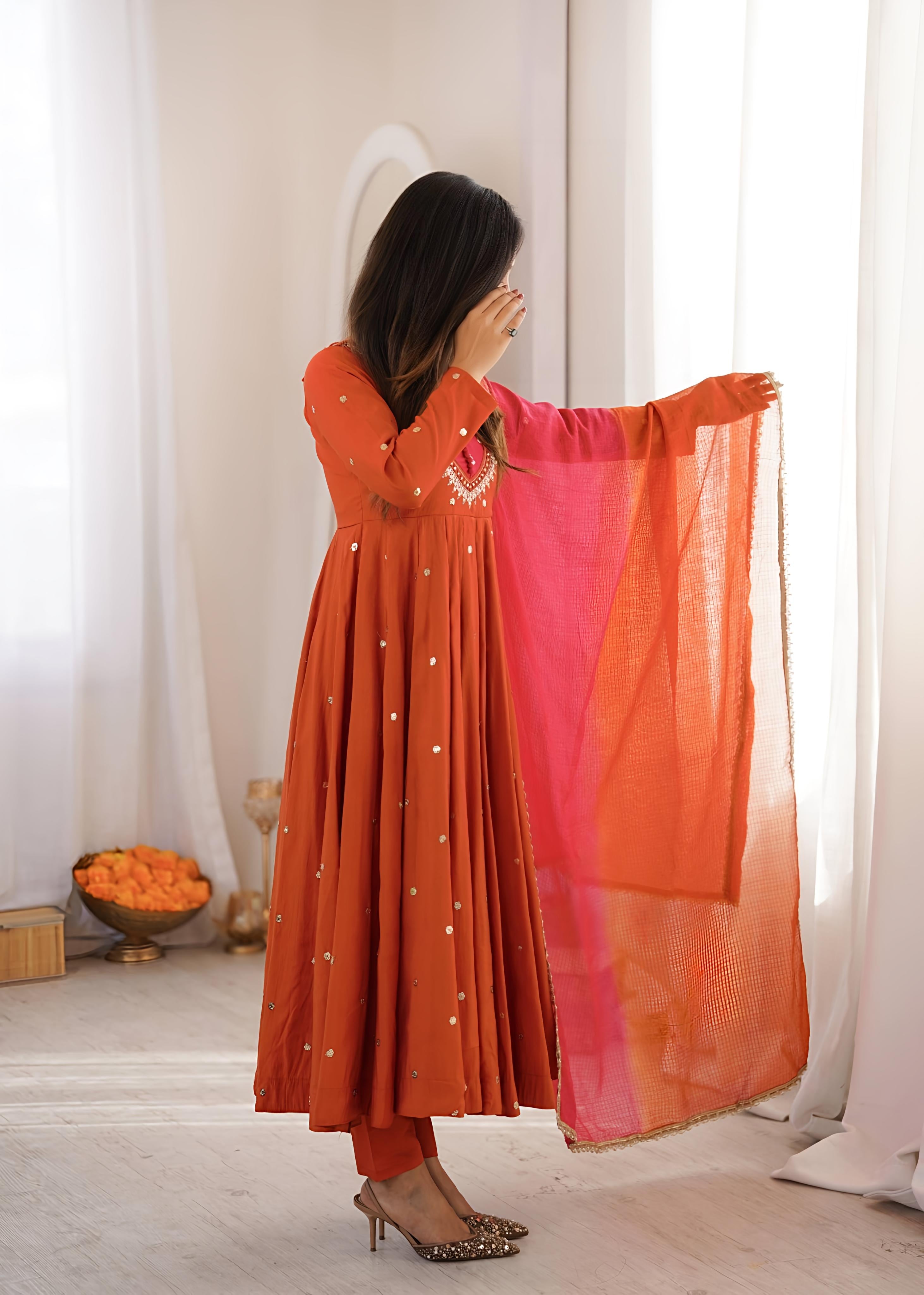 Rosy Sunset Mirror Anarkali Set