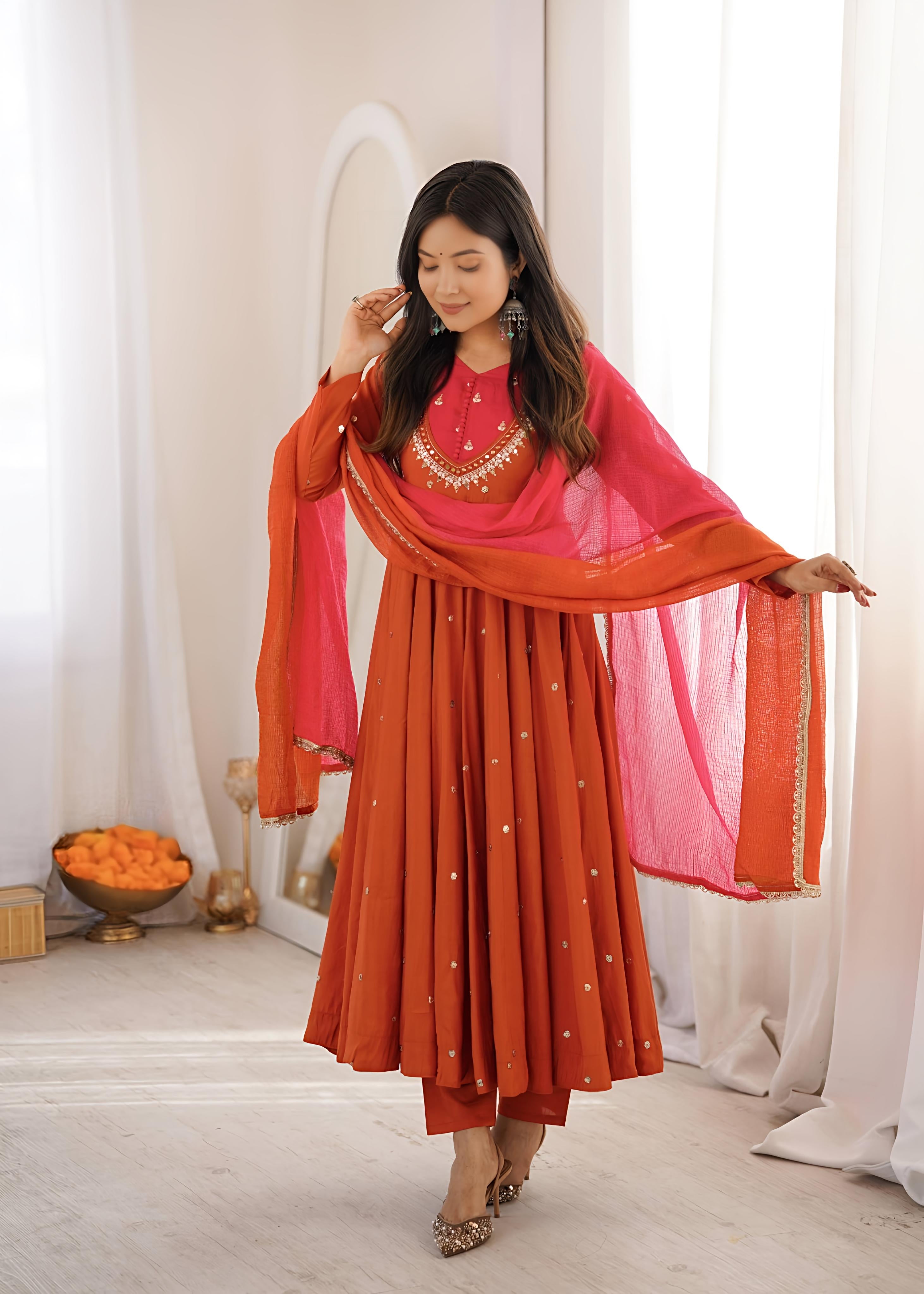 Rosy Sunset Mirror Anarkali Set