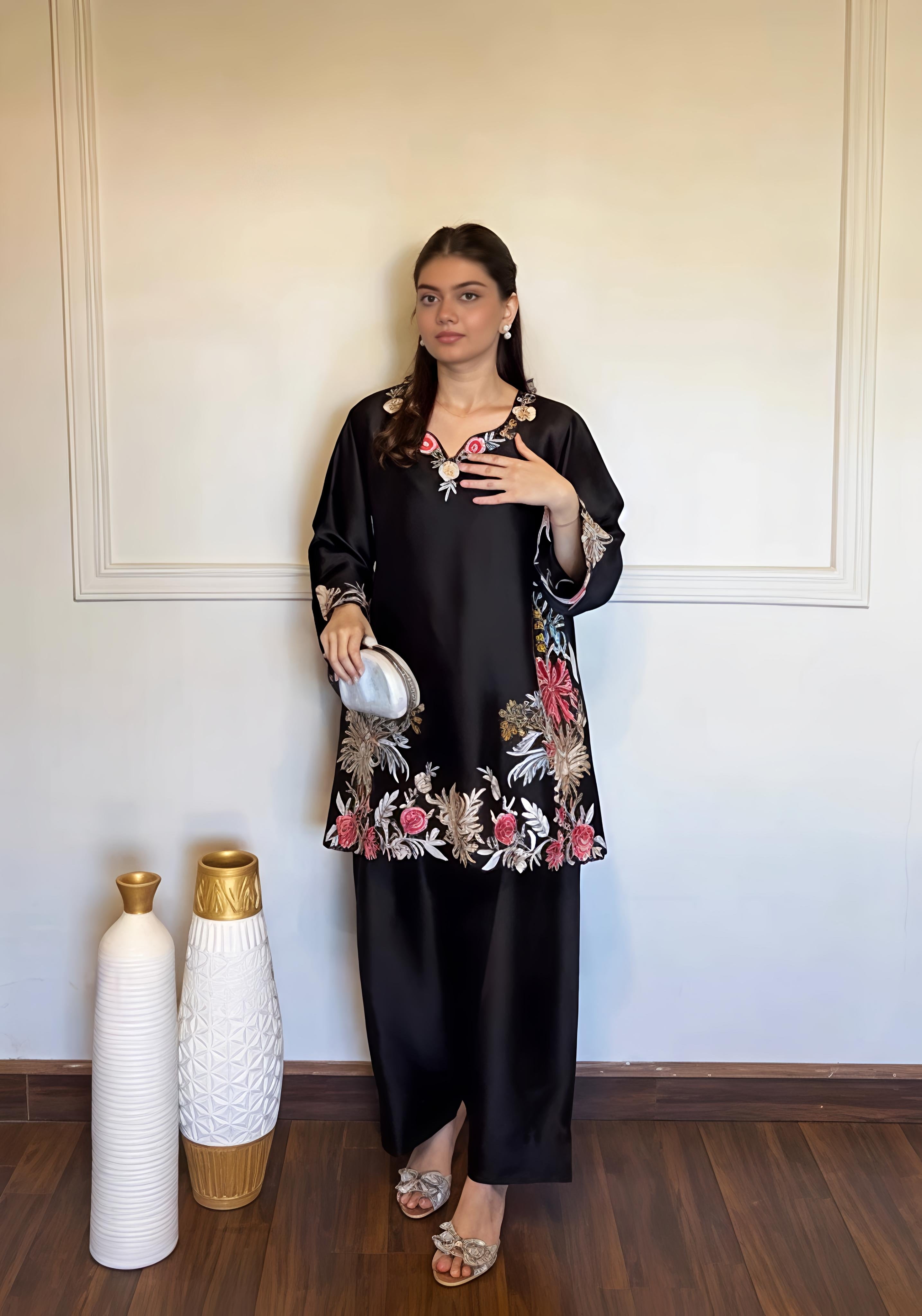 Premium Rayon Satin Suit Set with Thread Work