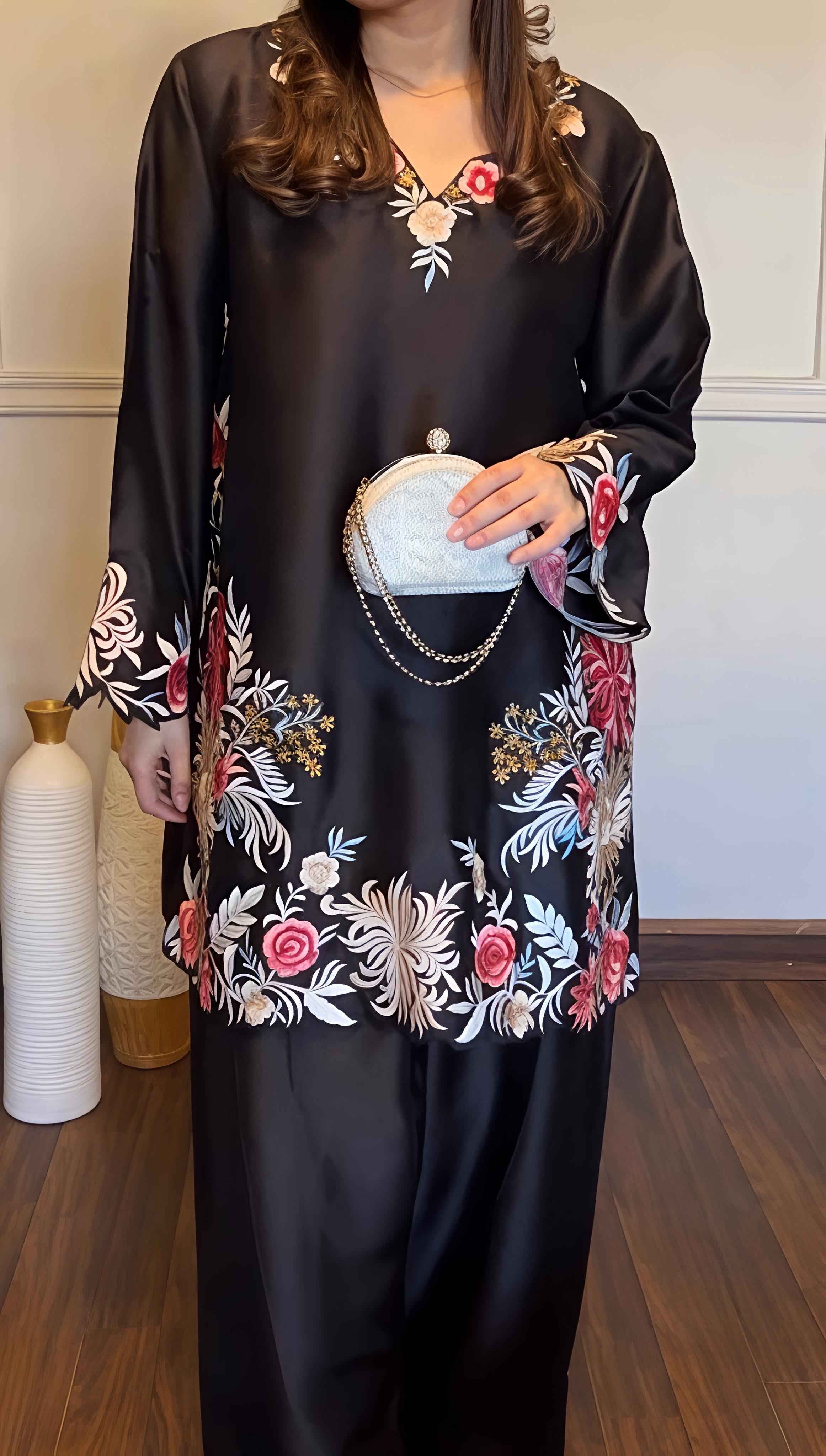 Premium Rayon Satin Suit Set with Thread Work