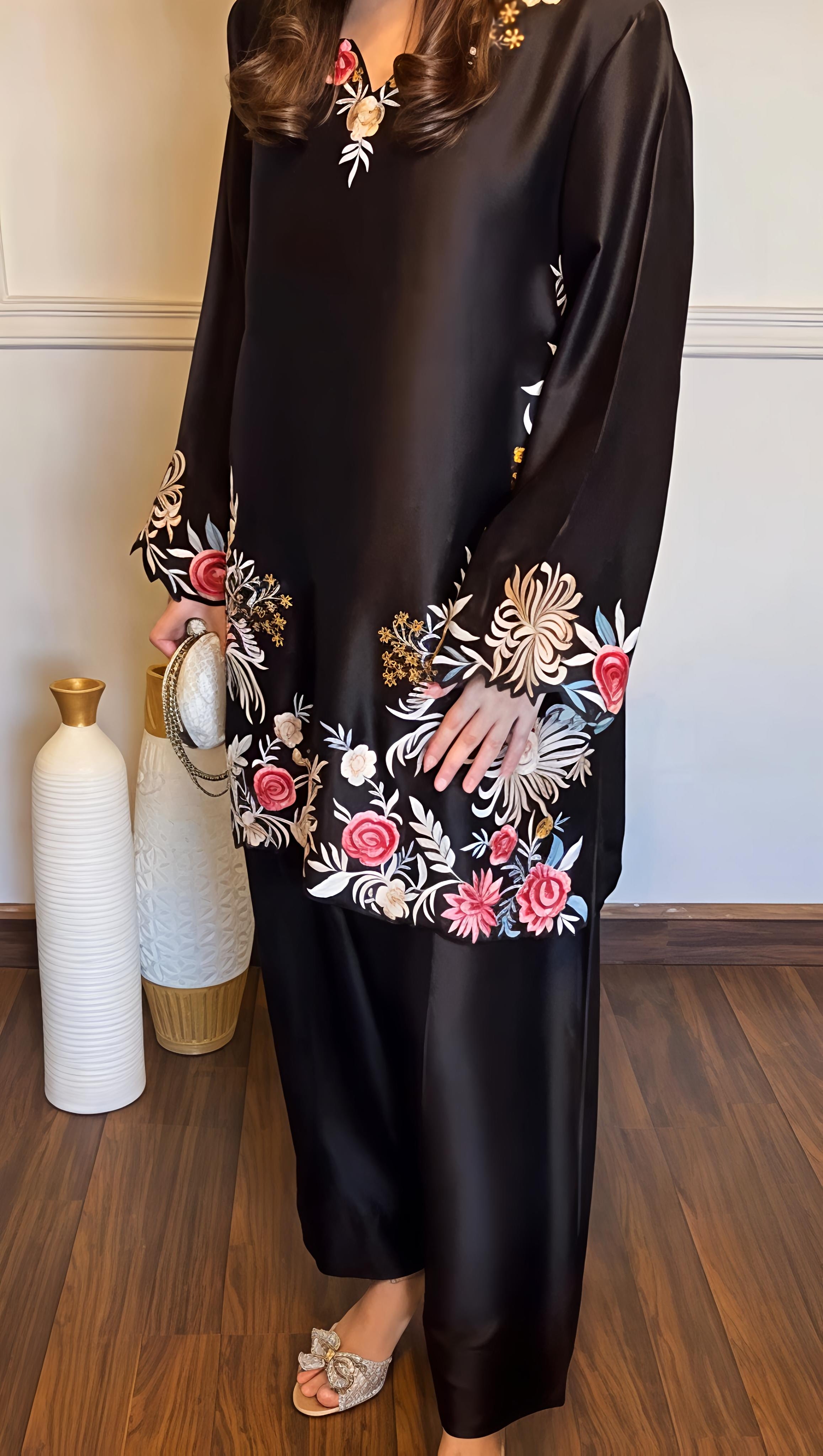 Premium Rayon Satin Suit Set with Thread Work