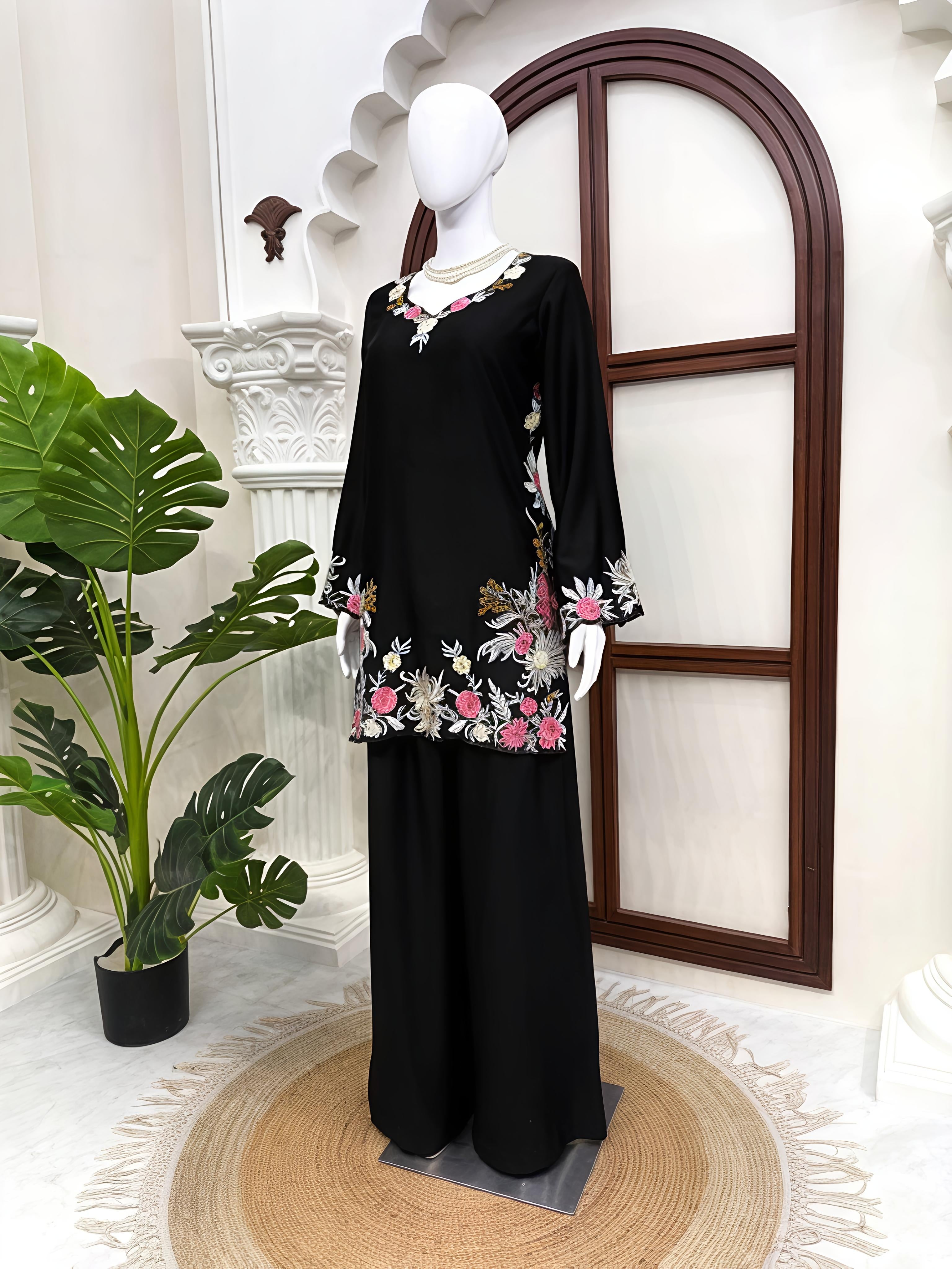 Premium Rayon Satin Suit Set with Thread Work