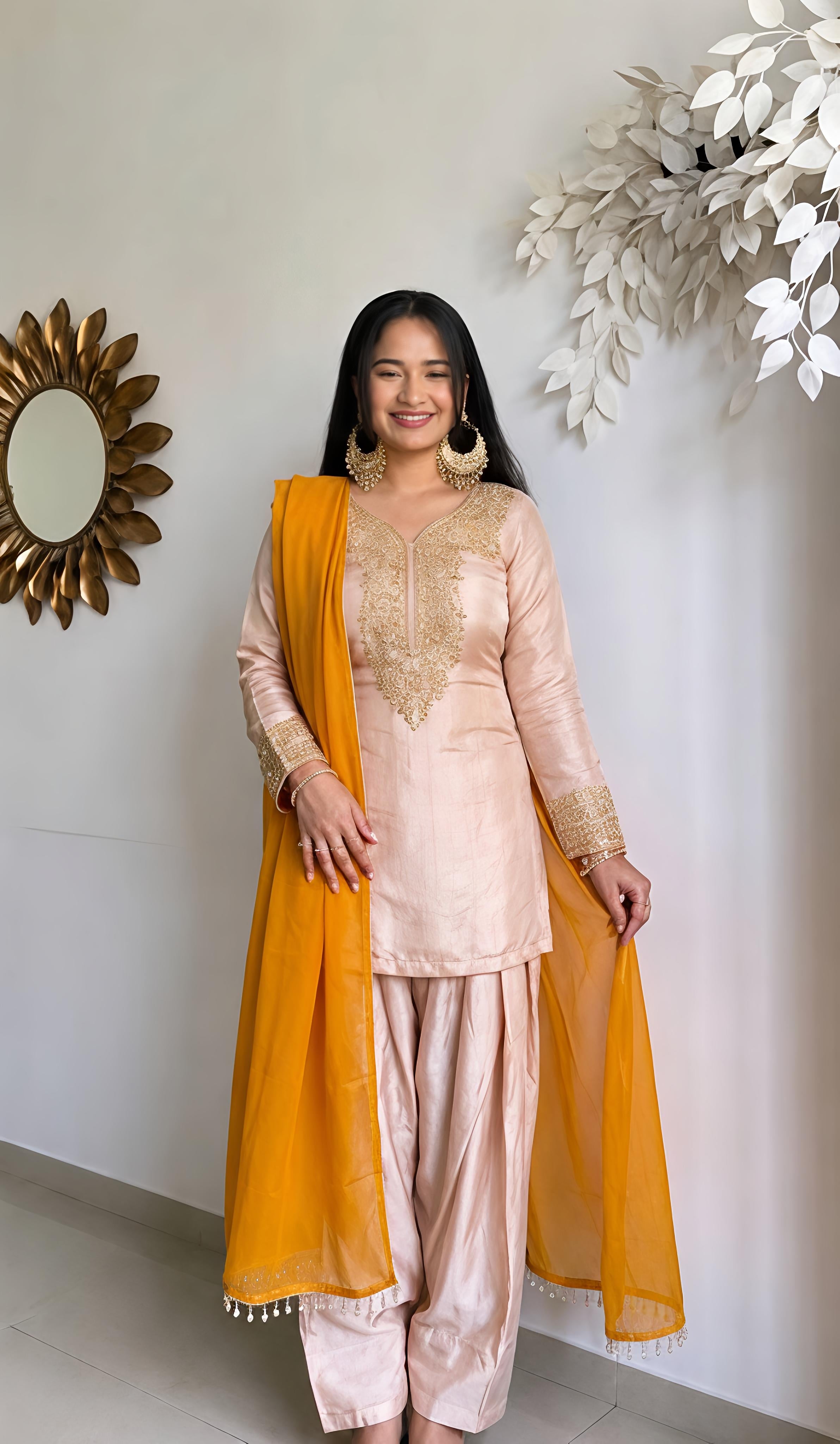 Light Peach Satin Embroidery Sequins Thread Suit