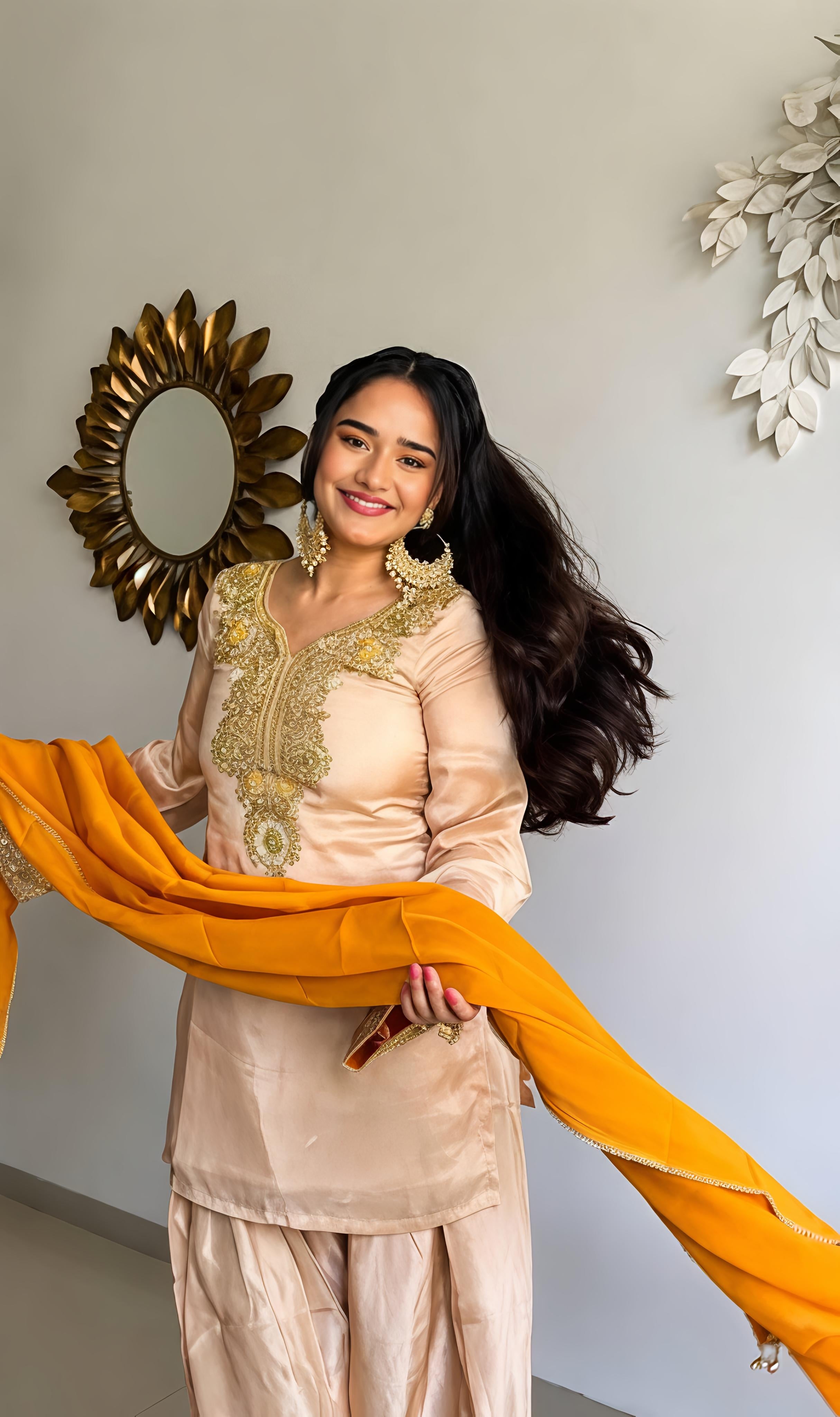 Light Peach Satin Embroidery Sequins Thread Suit