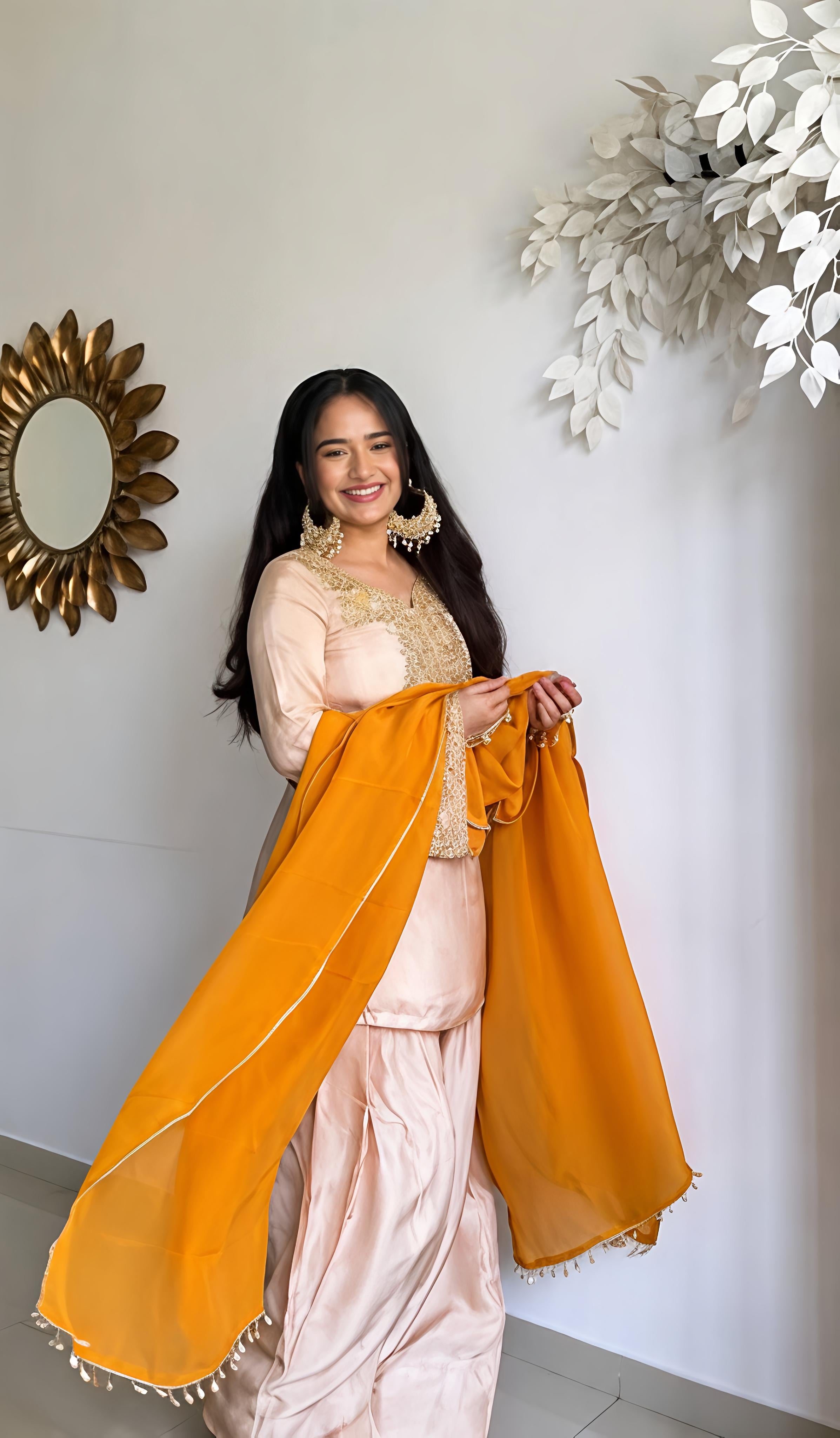 Light Peach Satin Embroidery Sequins Thread Suit