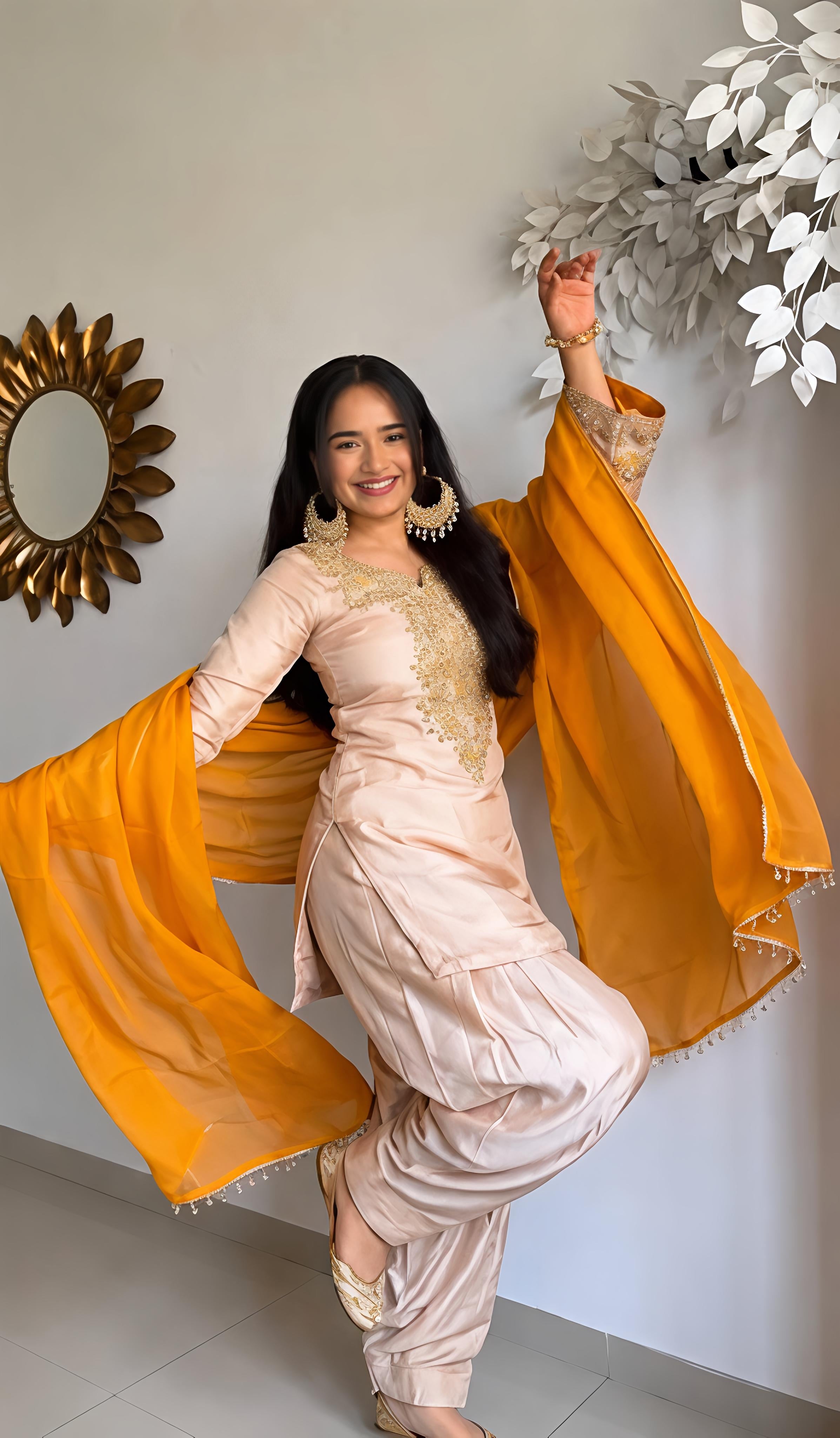 Light Peach Satin Embroidery Sequins Thread Suit