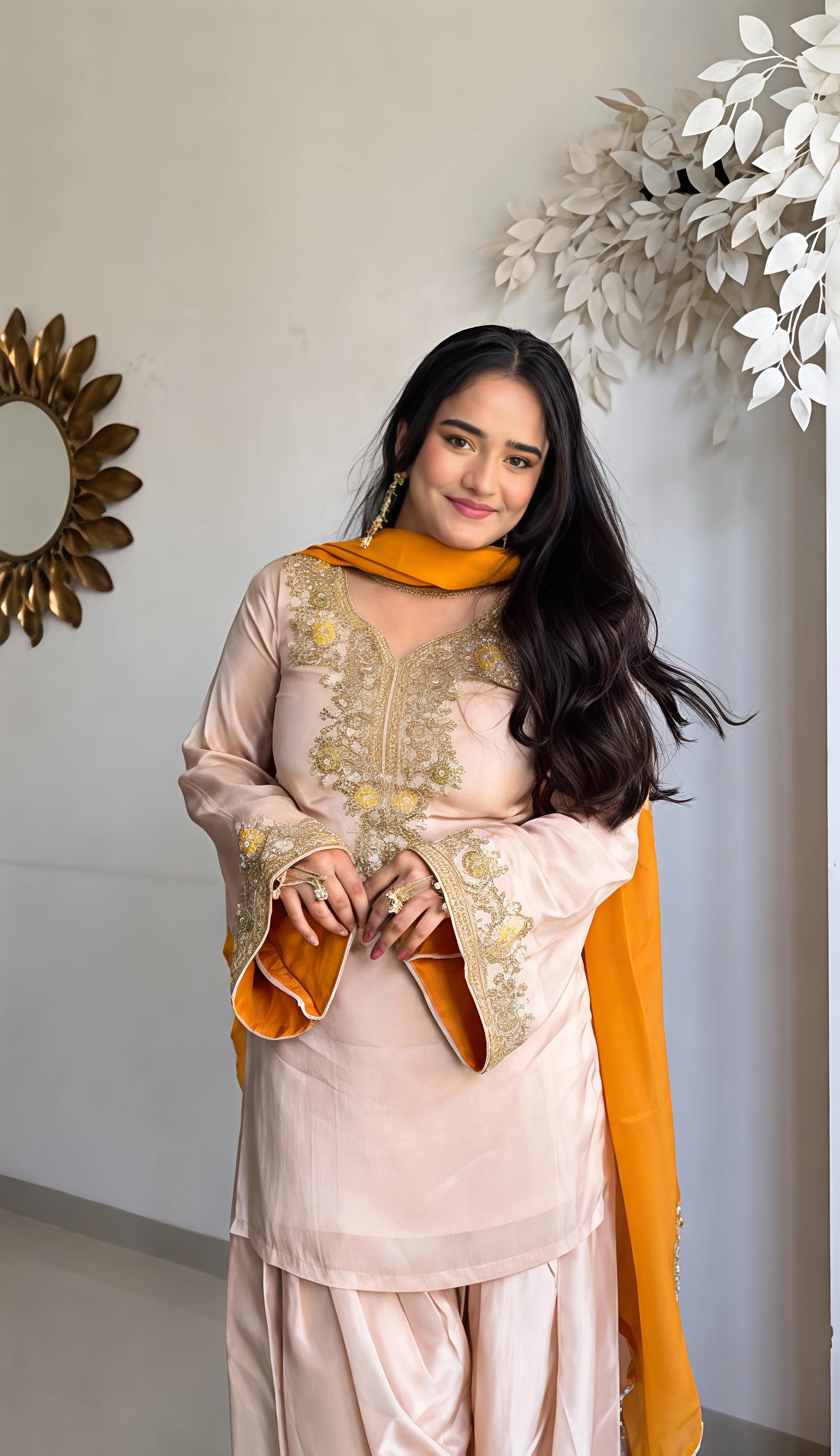 Light Peach Satin Embroidery Sequins Thread Suit