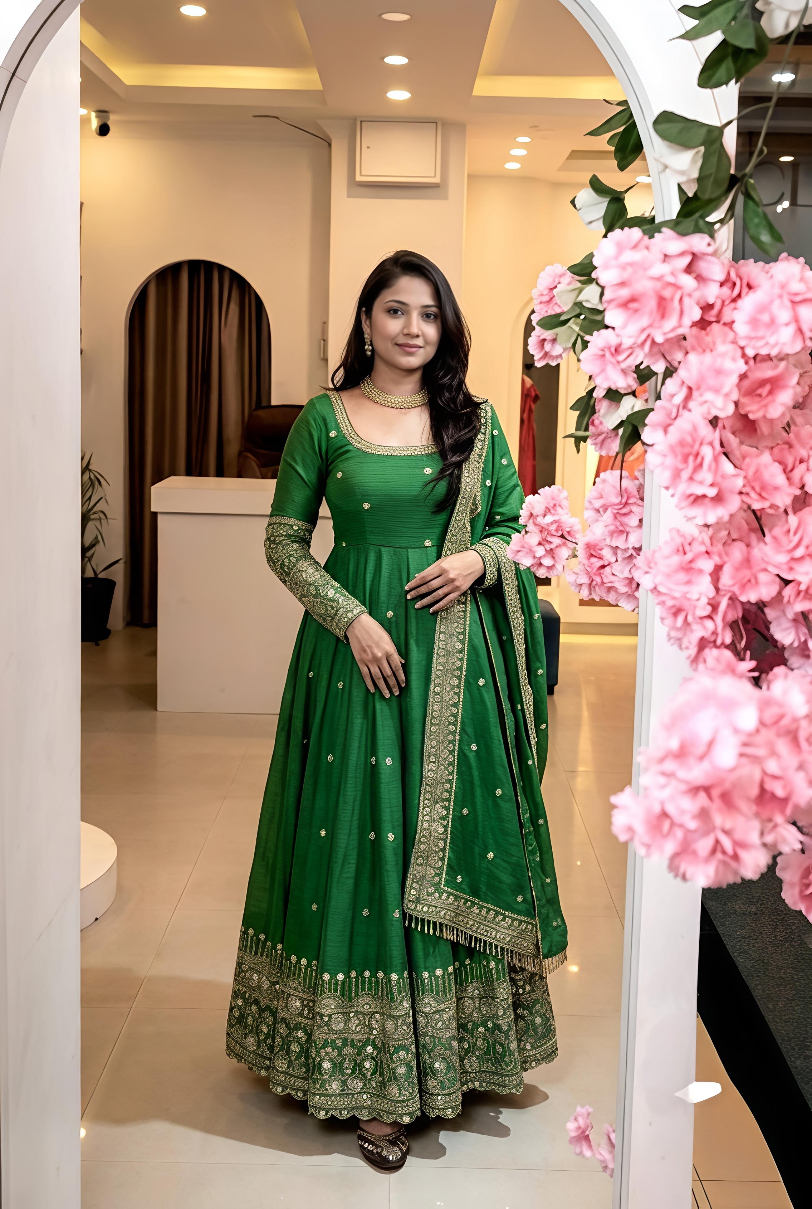 Practical Green Crunchy Silk Embroidered Gown