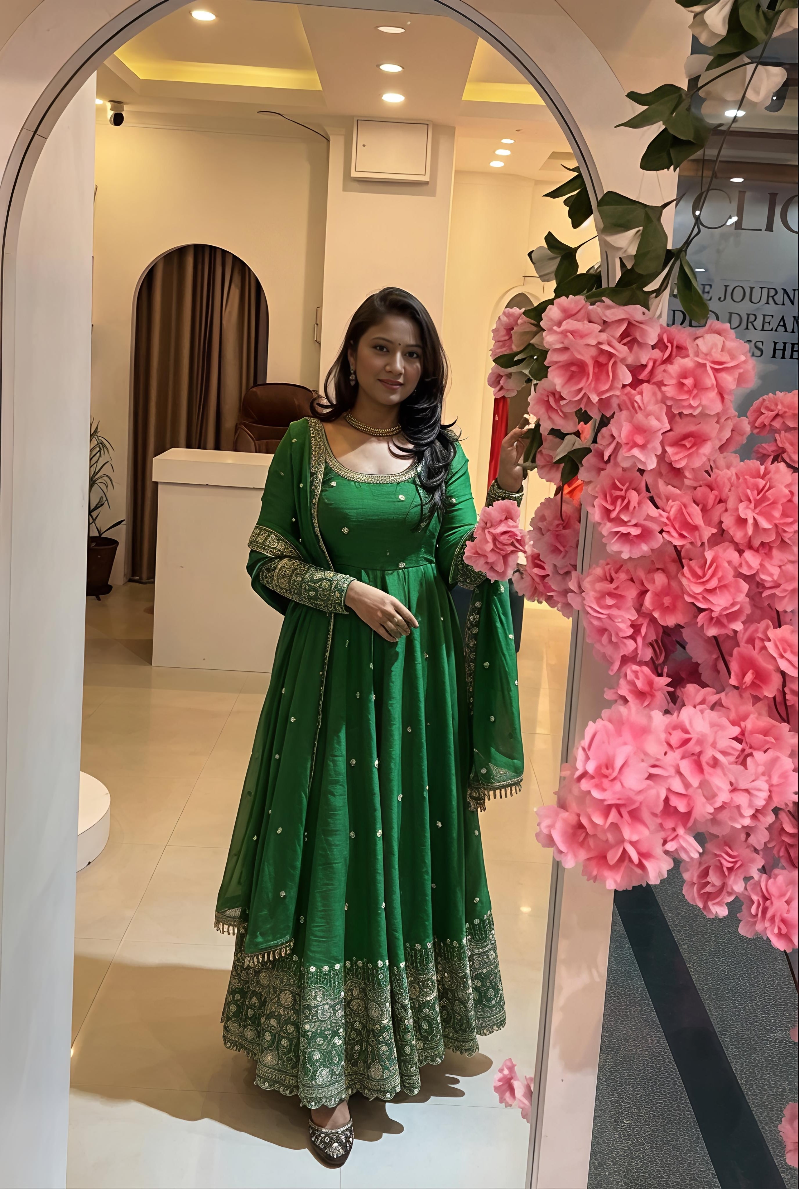Practical Green Crunchy Silk Embroidered Gown
