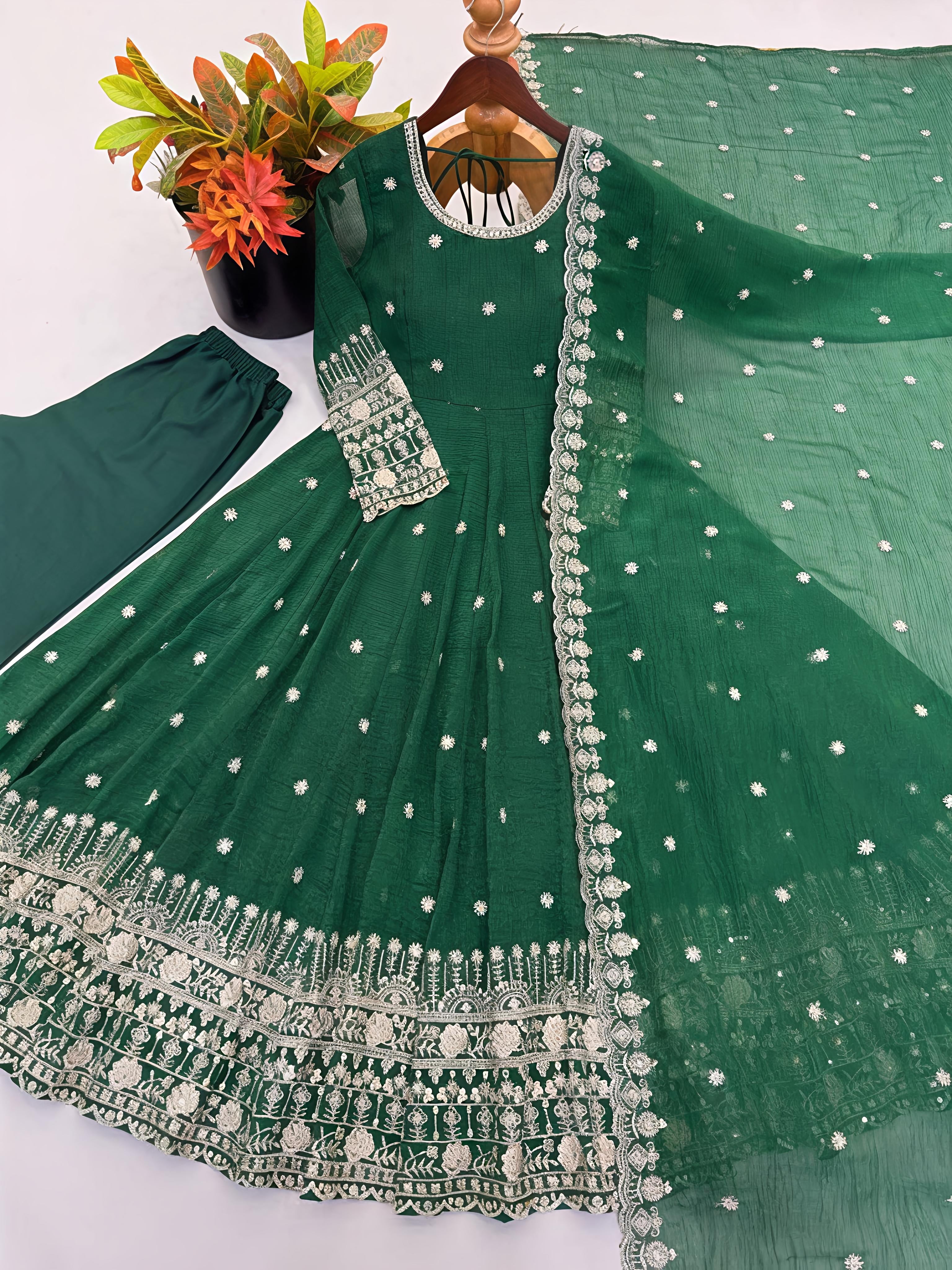 Practical Green Crunchy Silk Embroidered Gown