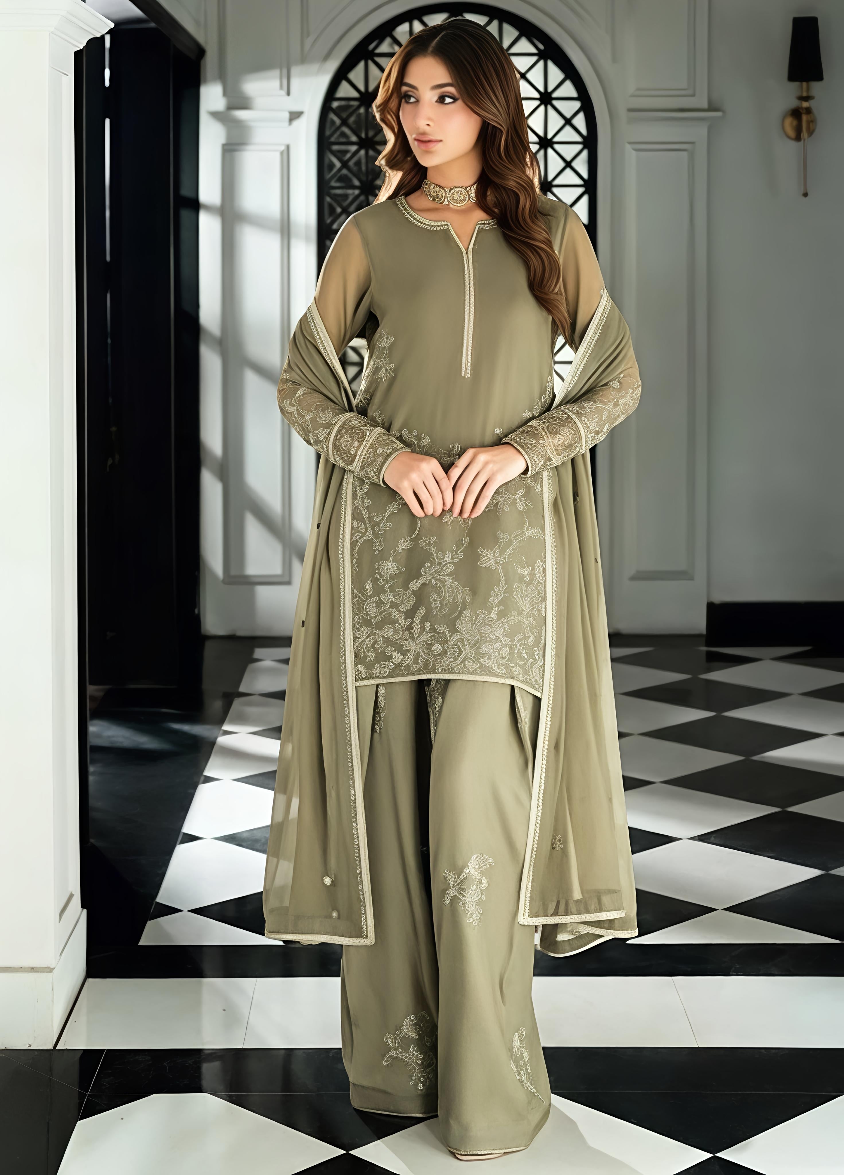 Faux Georgette Kurta Plazo Dupatta Set