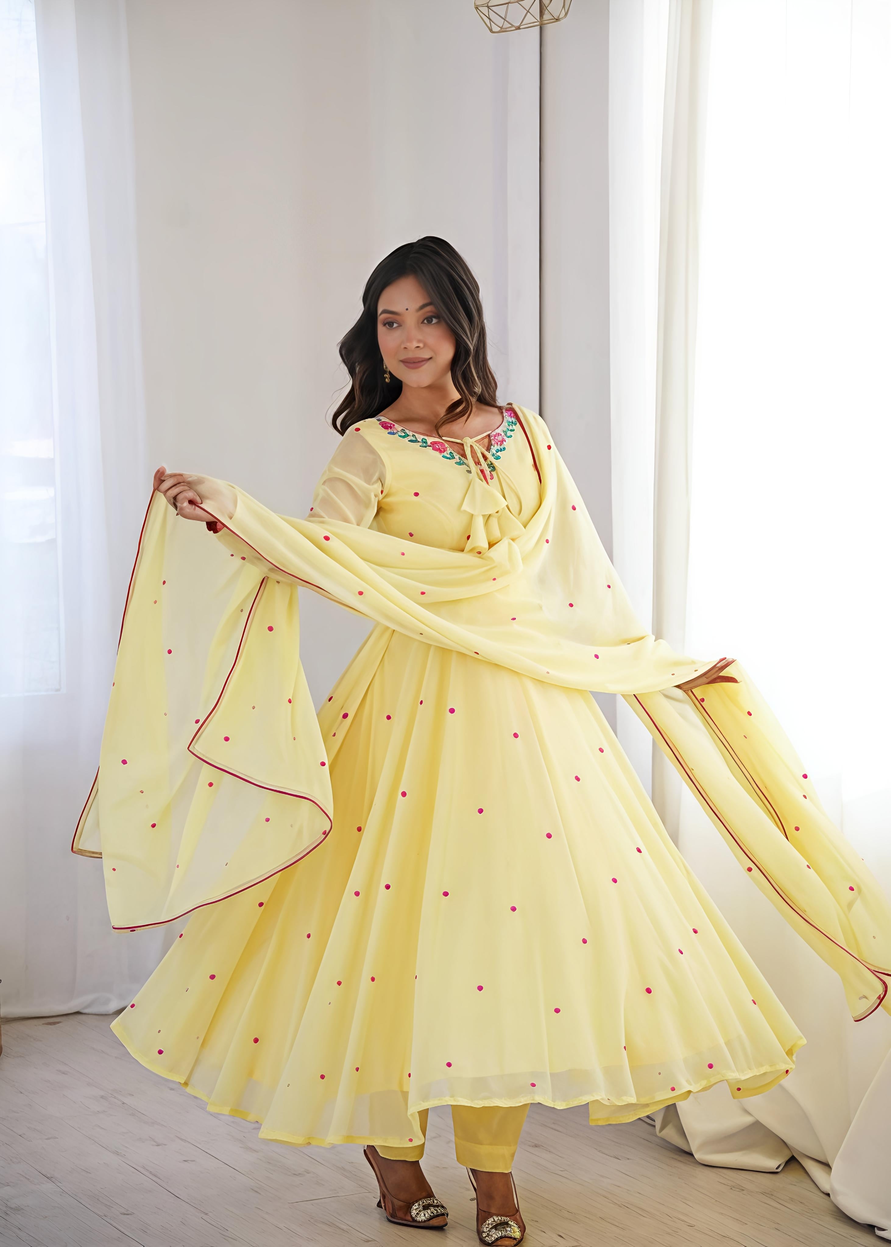 Yellow Faux Georgette Embroidered and Thread Work Salwar Suit