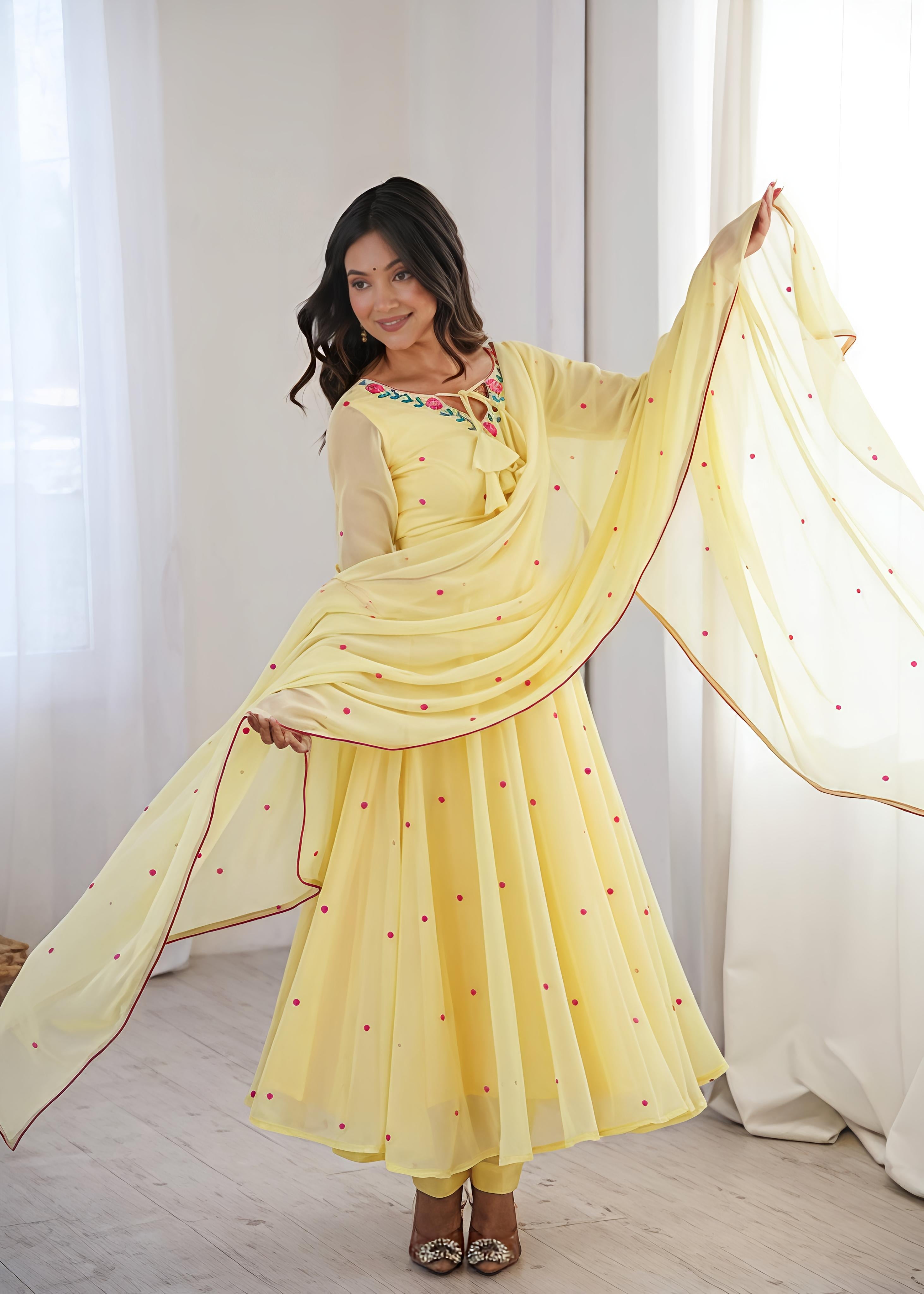 Yellow Faux Georgette Embroidered and Thread Work Salwar Suit