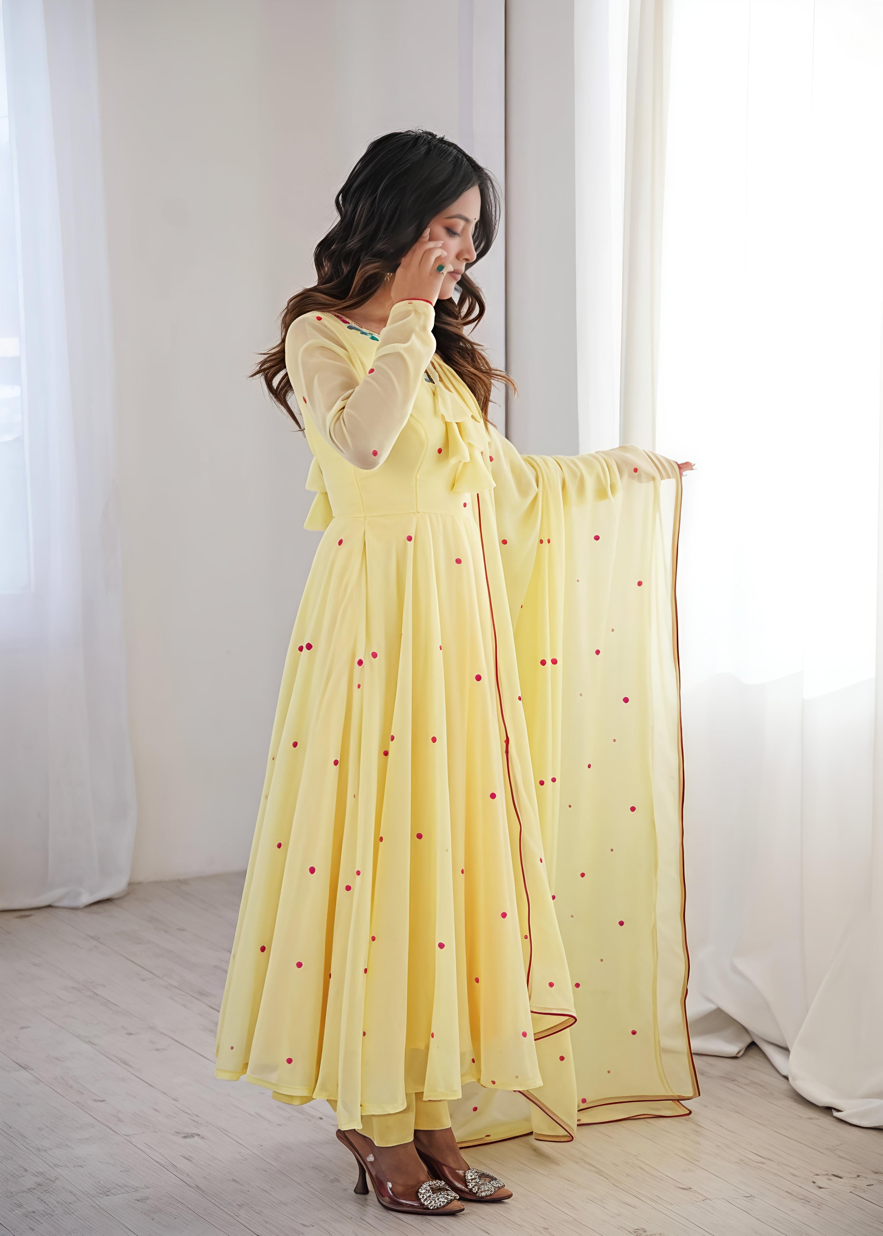 Yellow Faux Georgette Embroidered and Thread Work Salwar Suit