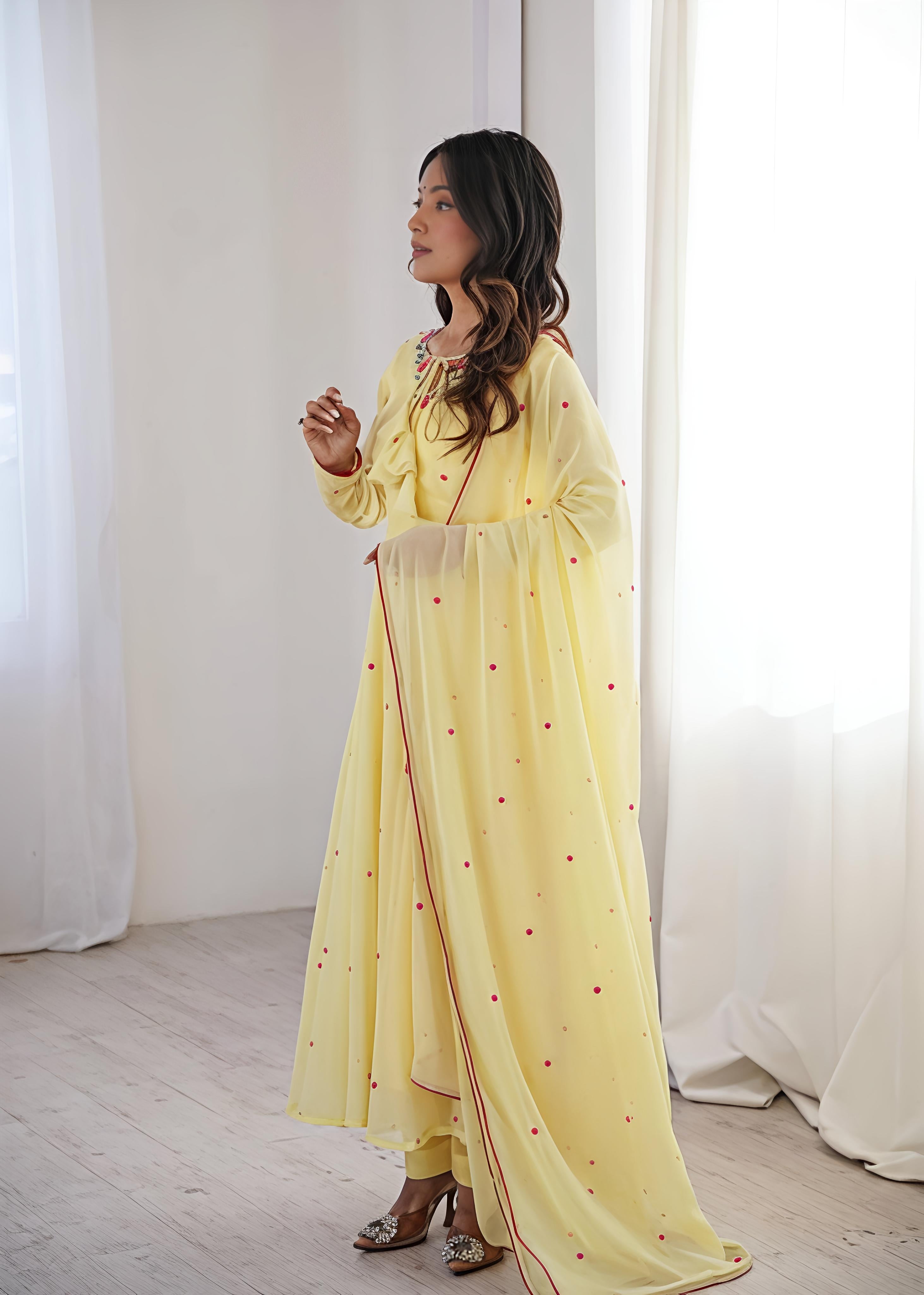 Yellow Faux Georgette Embroidered and Thread Work Salwar Suit