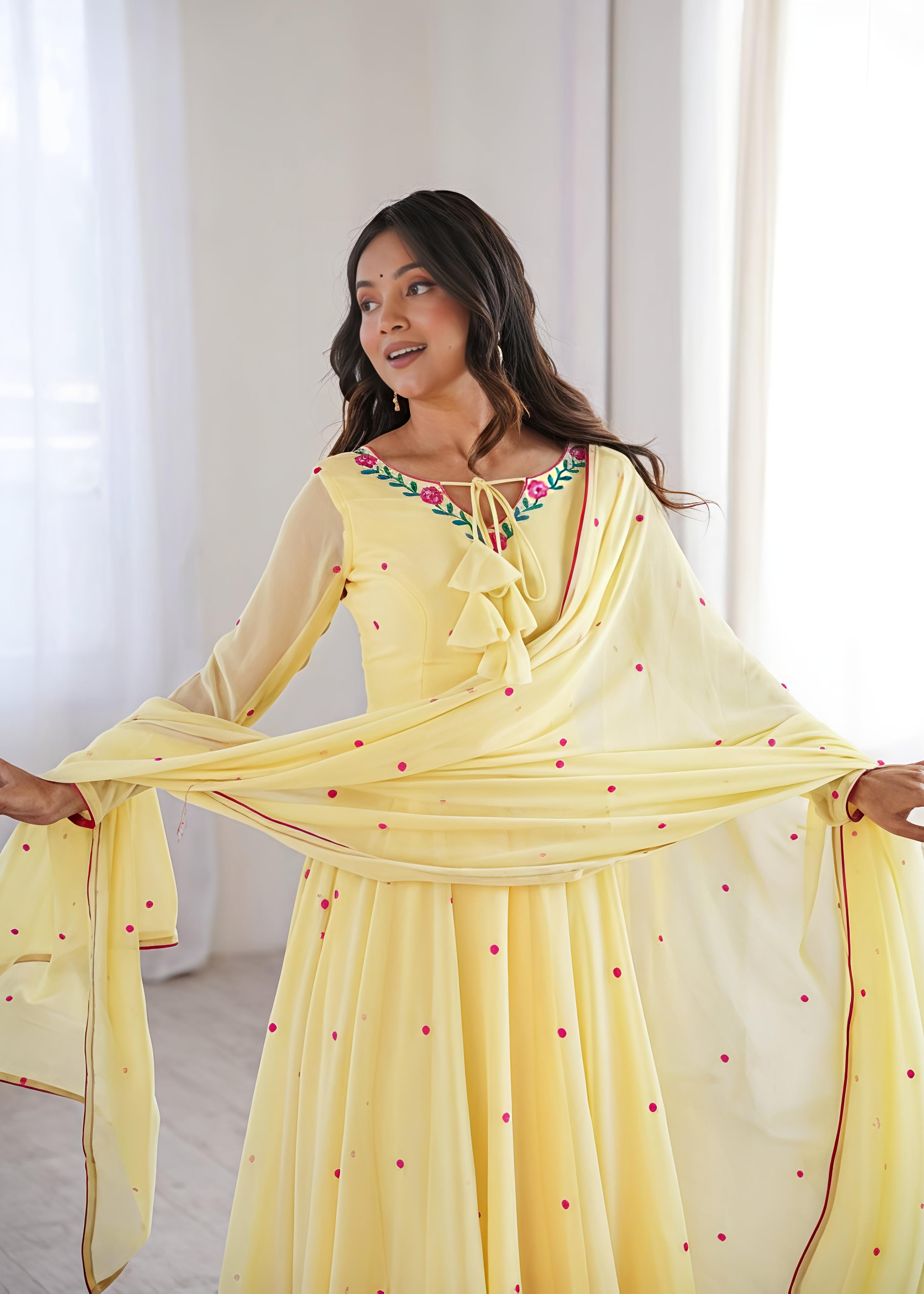 Yellow Faux Georgette Embroidered and Thread Work Salwar Suit