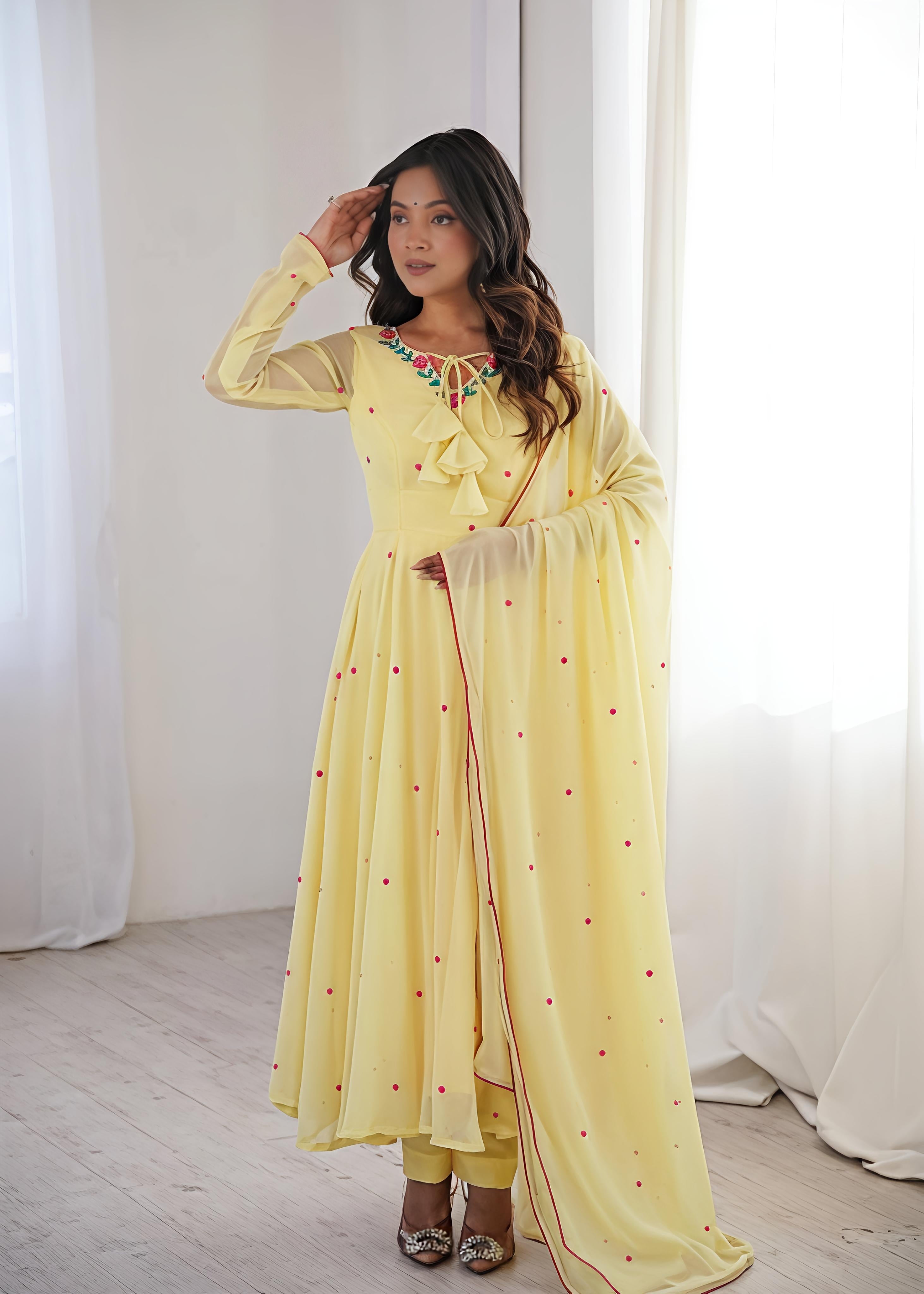 Yellow Faux Georgette Embroidered and Thread Work Salwar Suit