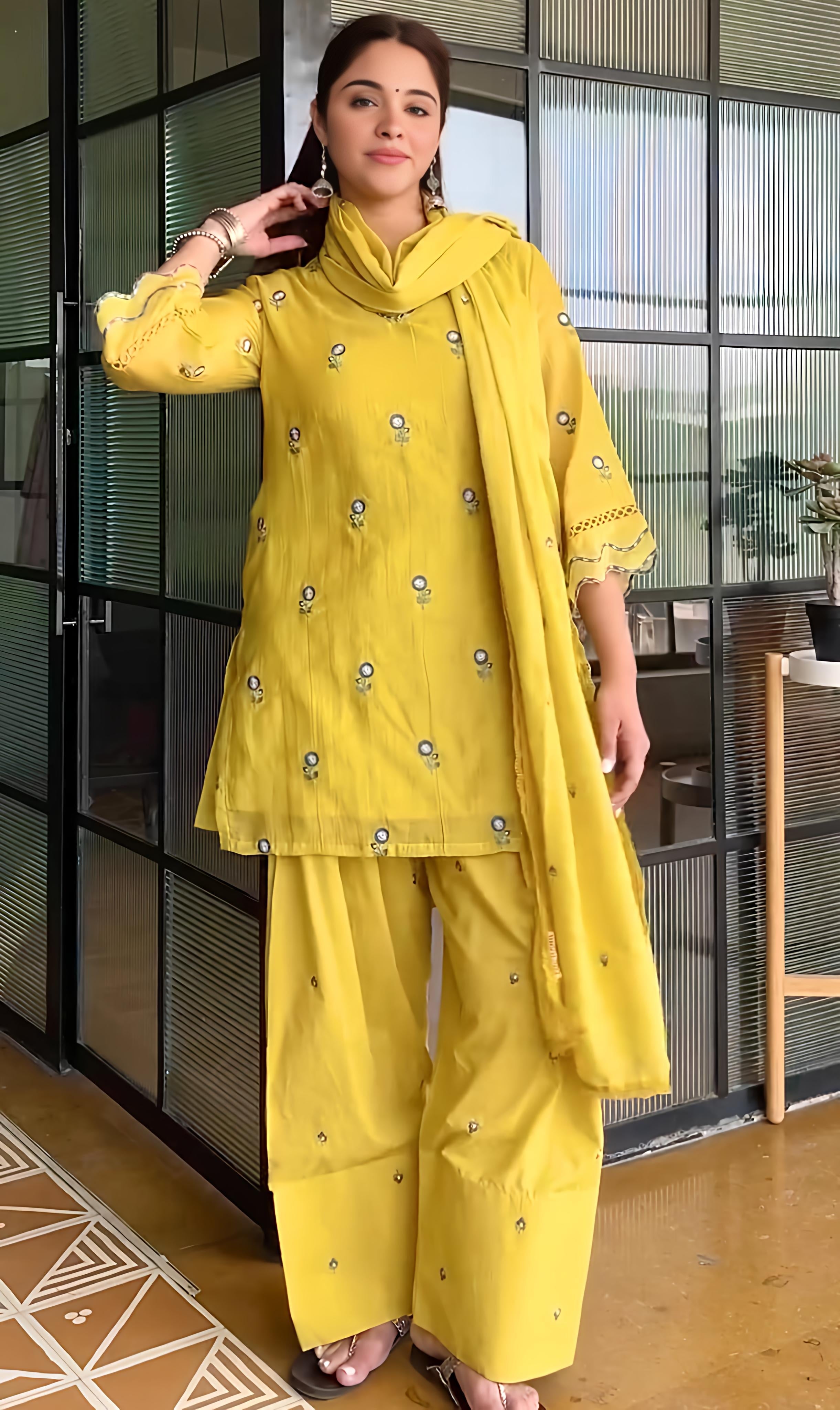 Yellow Embroidered Chanderi Kurta with Farshi Salwar - Set