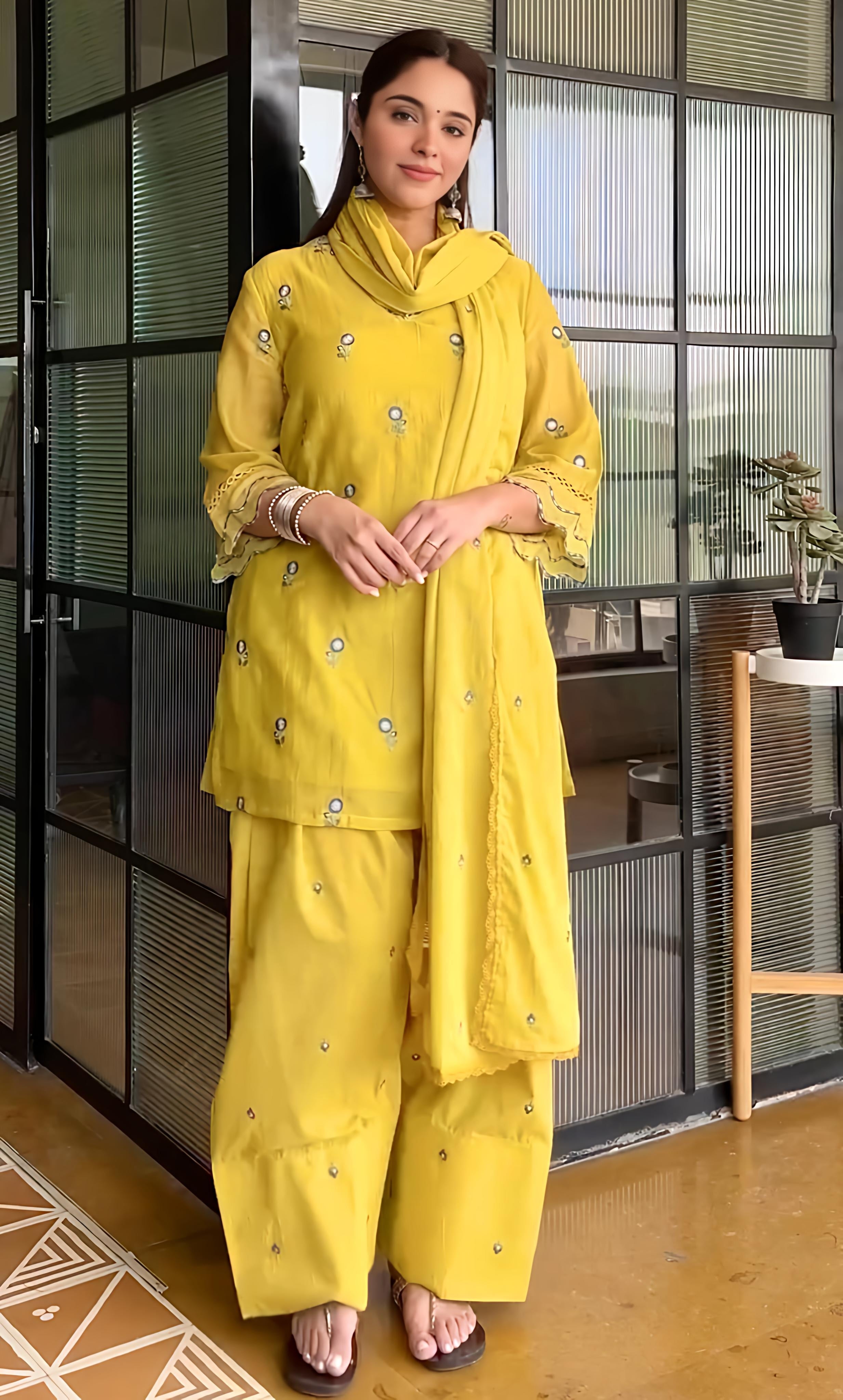 Yellow Embroidered Chanderi Kurta with Farshi Salwar - Set
