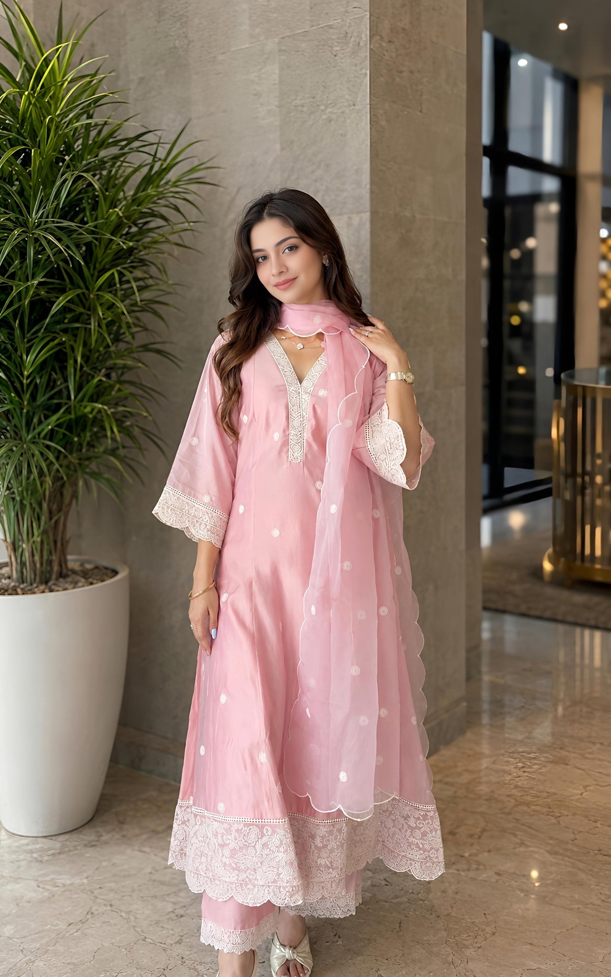 Blush Pink Chanderi A-line Suit Set