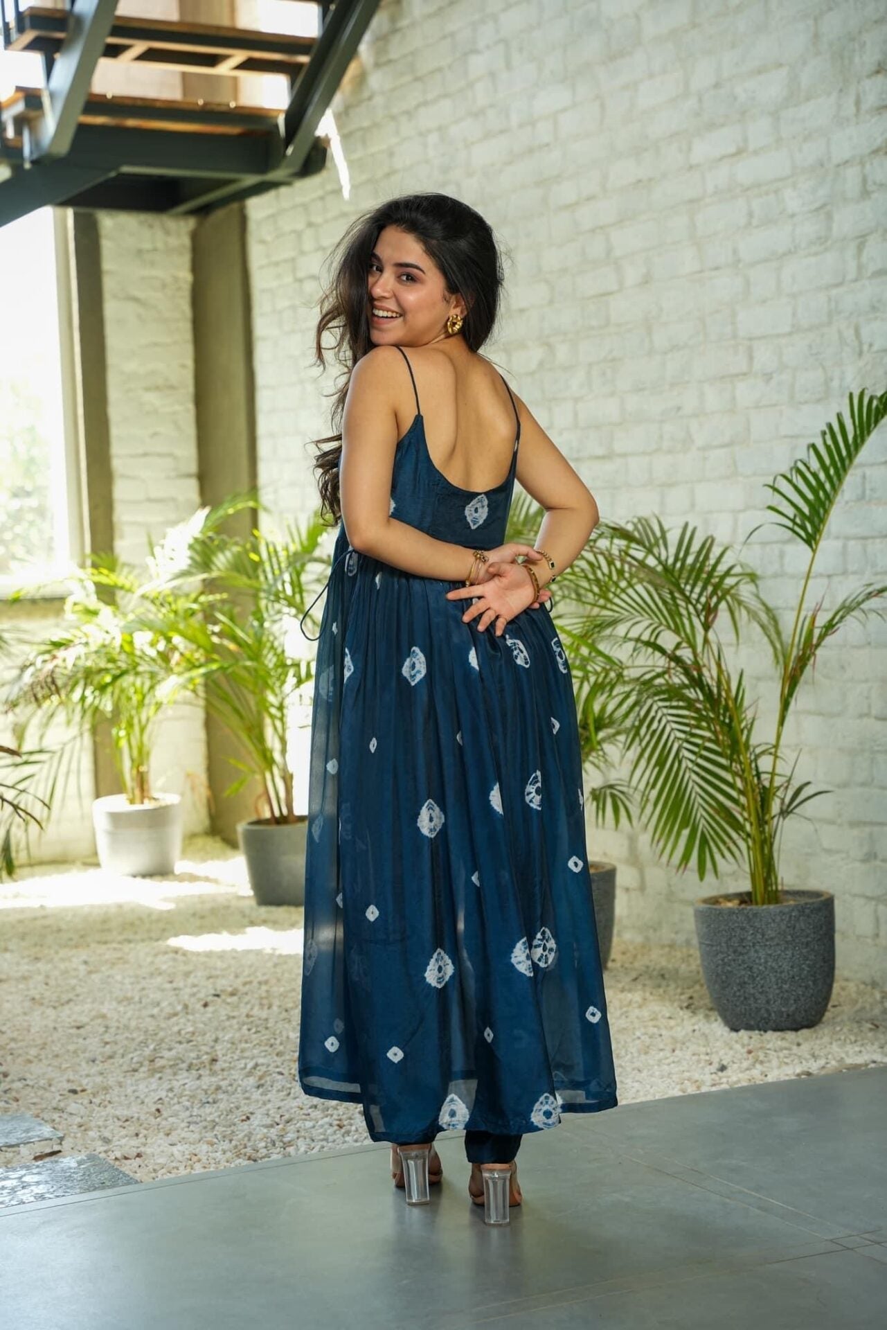 Deep Blue Bandhani Print Spaghetti Strap Anarkali Kurta Set
