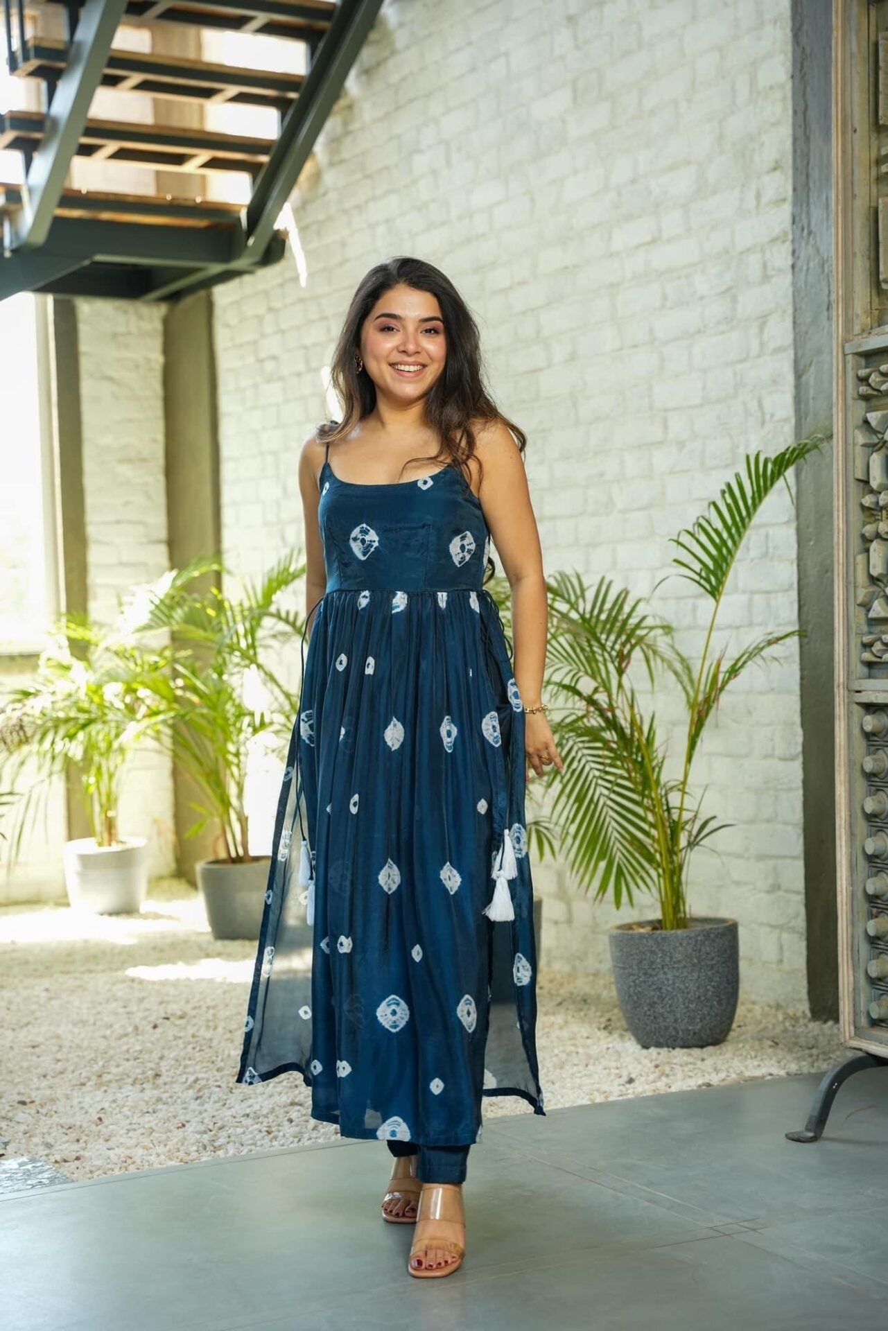 Deep Blue Bandhani Print Spaghetti Strap Anarkali Kurta Set