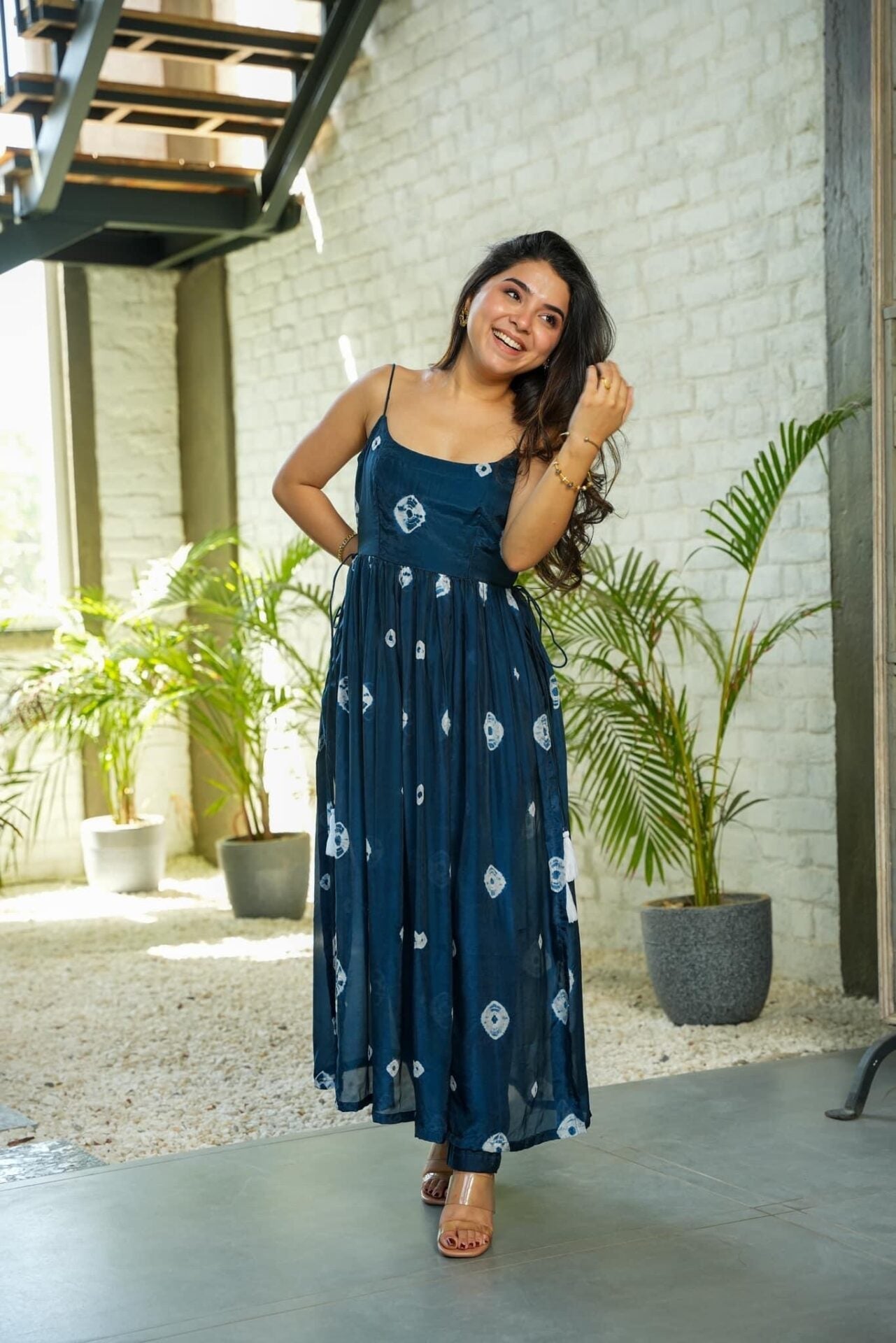 Deep Blue Bandhani Print Spaghetti Strap Anarkali Kurta Set