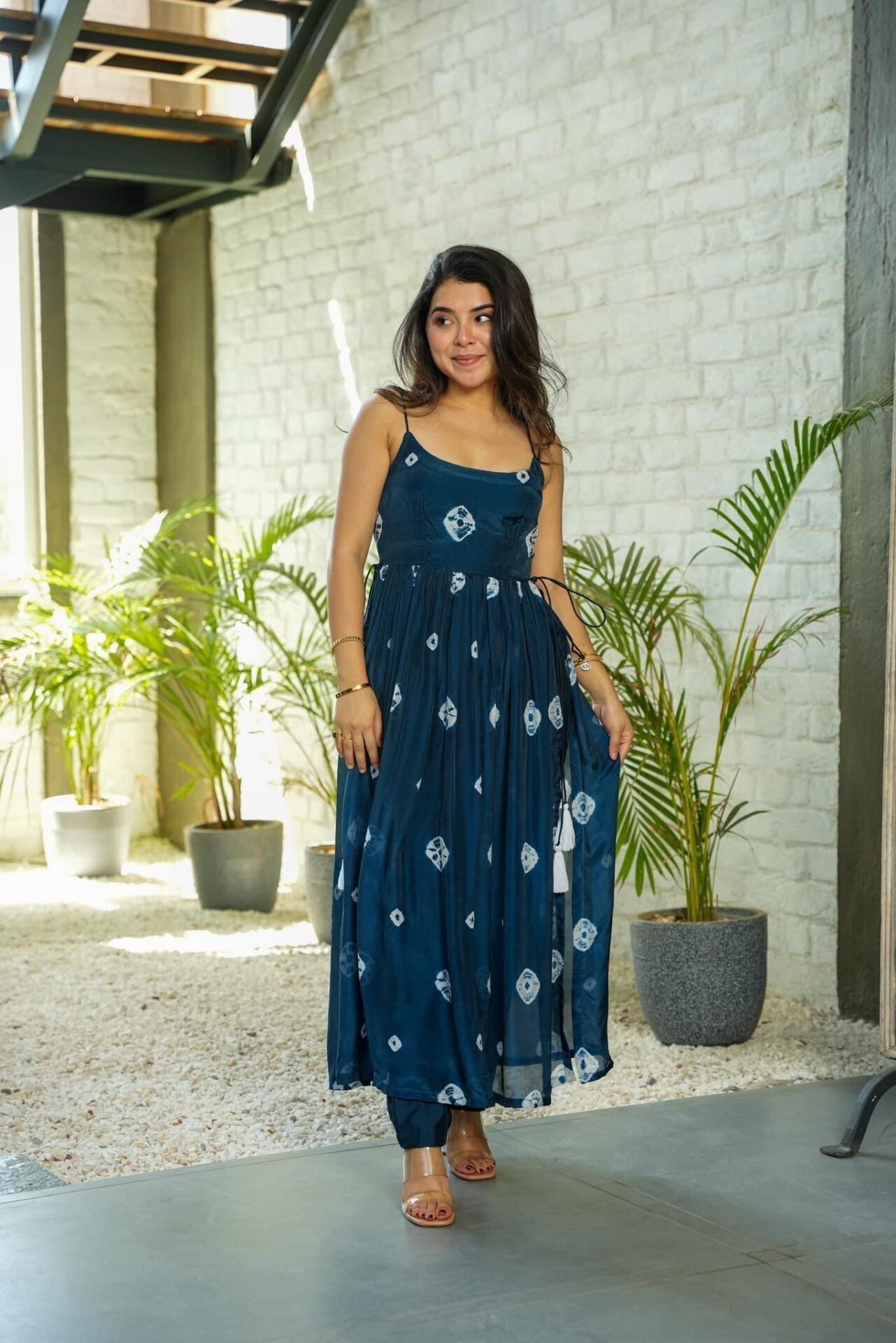 Deep Blue Bandhani Print Spaghetti Strap Anarkali Kurta Set
