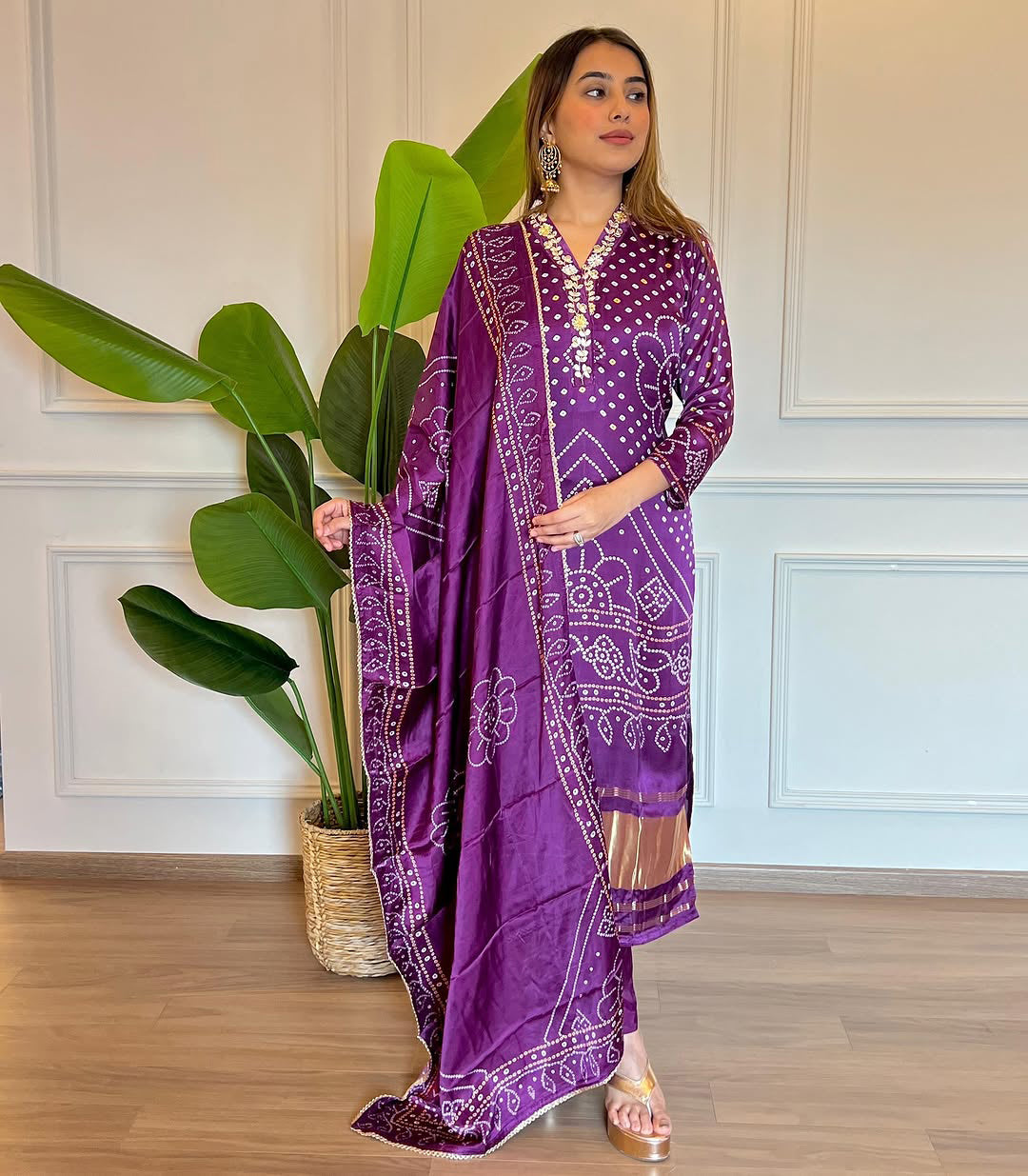 Magenta Bandhani Print Straight Kurta Set