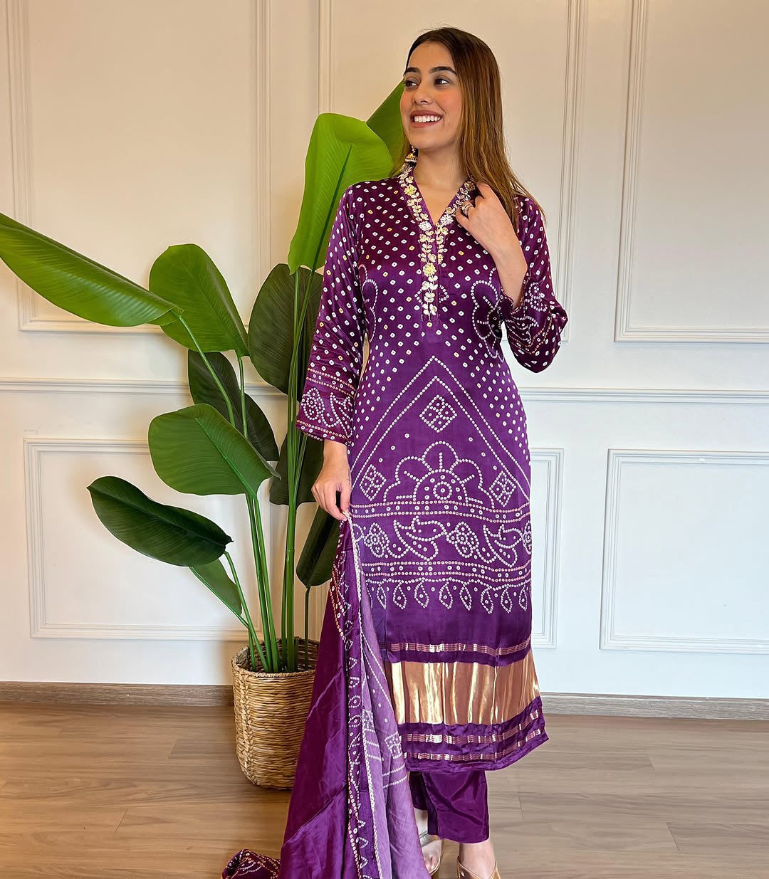 Magenta Bandhani Print Straight Kurta Set
