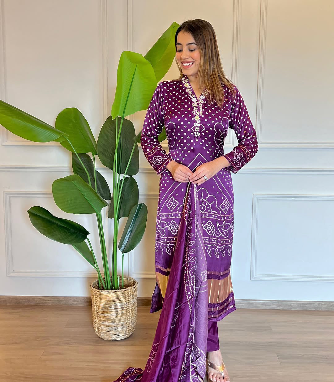 Magenta Bandhani Print Straight Kurta Set