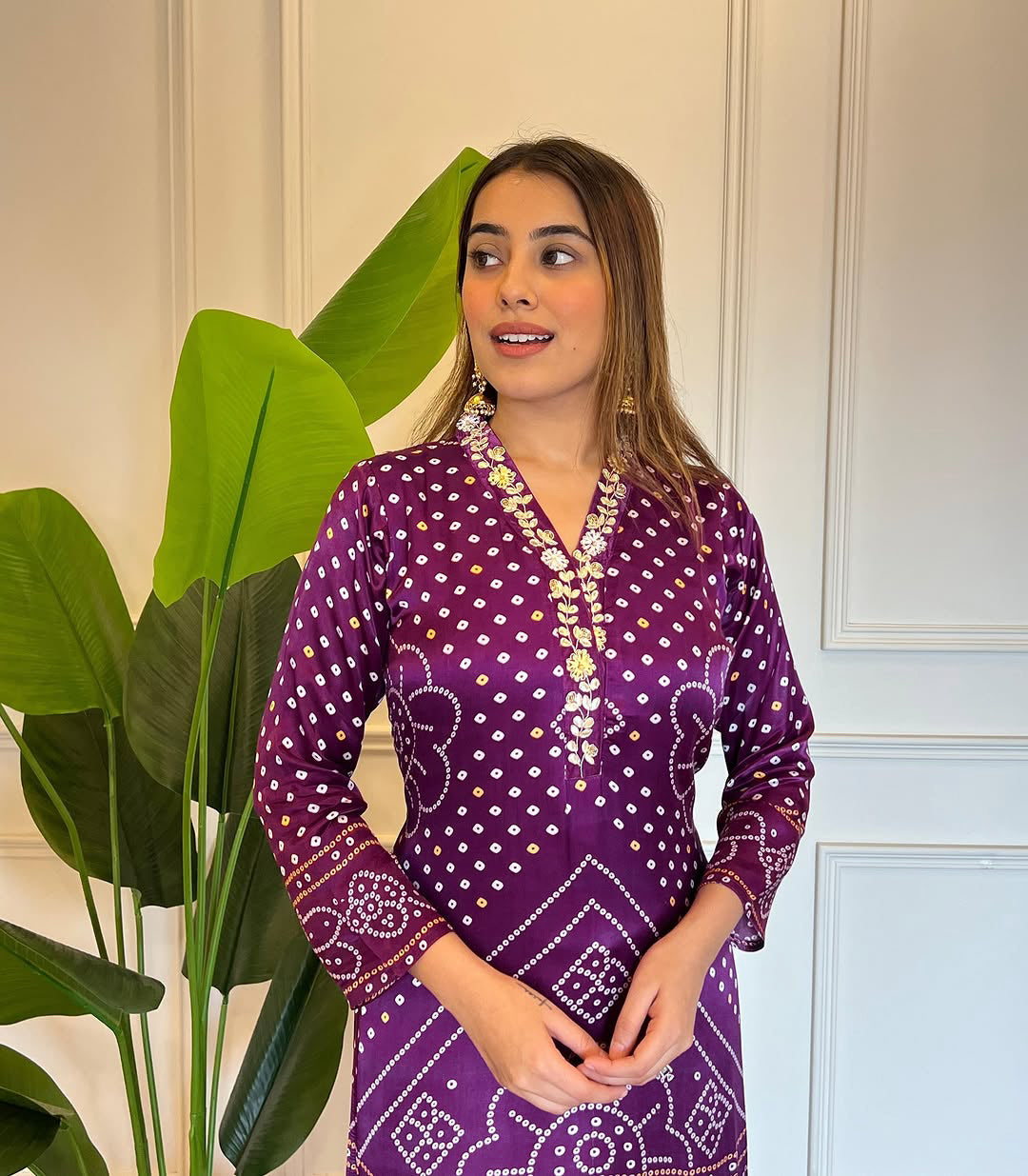 Magenta Bandhani Print Straight Kurta Set