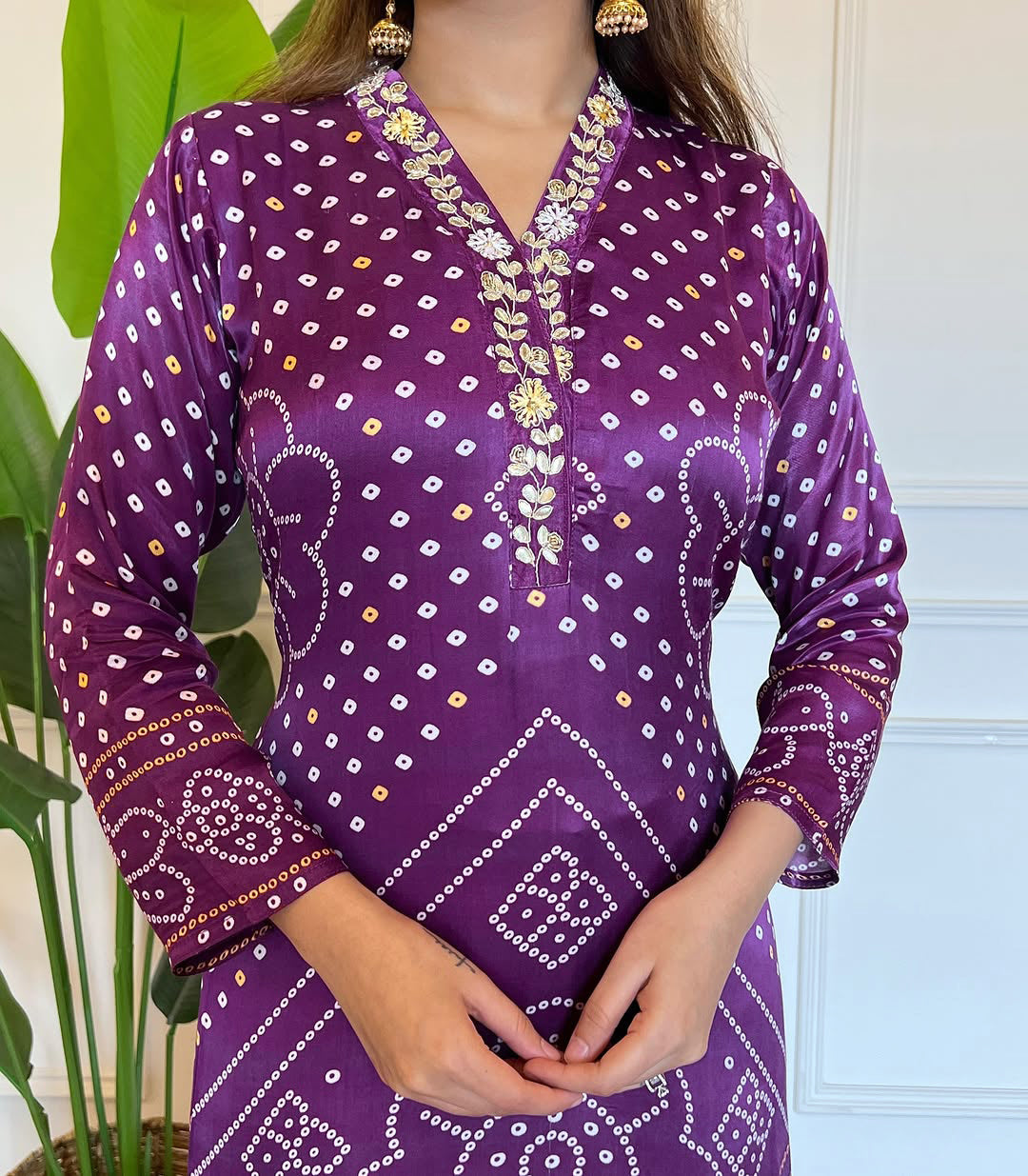 Magenta Bandhani Print Straight Kurta Set