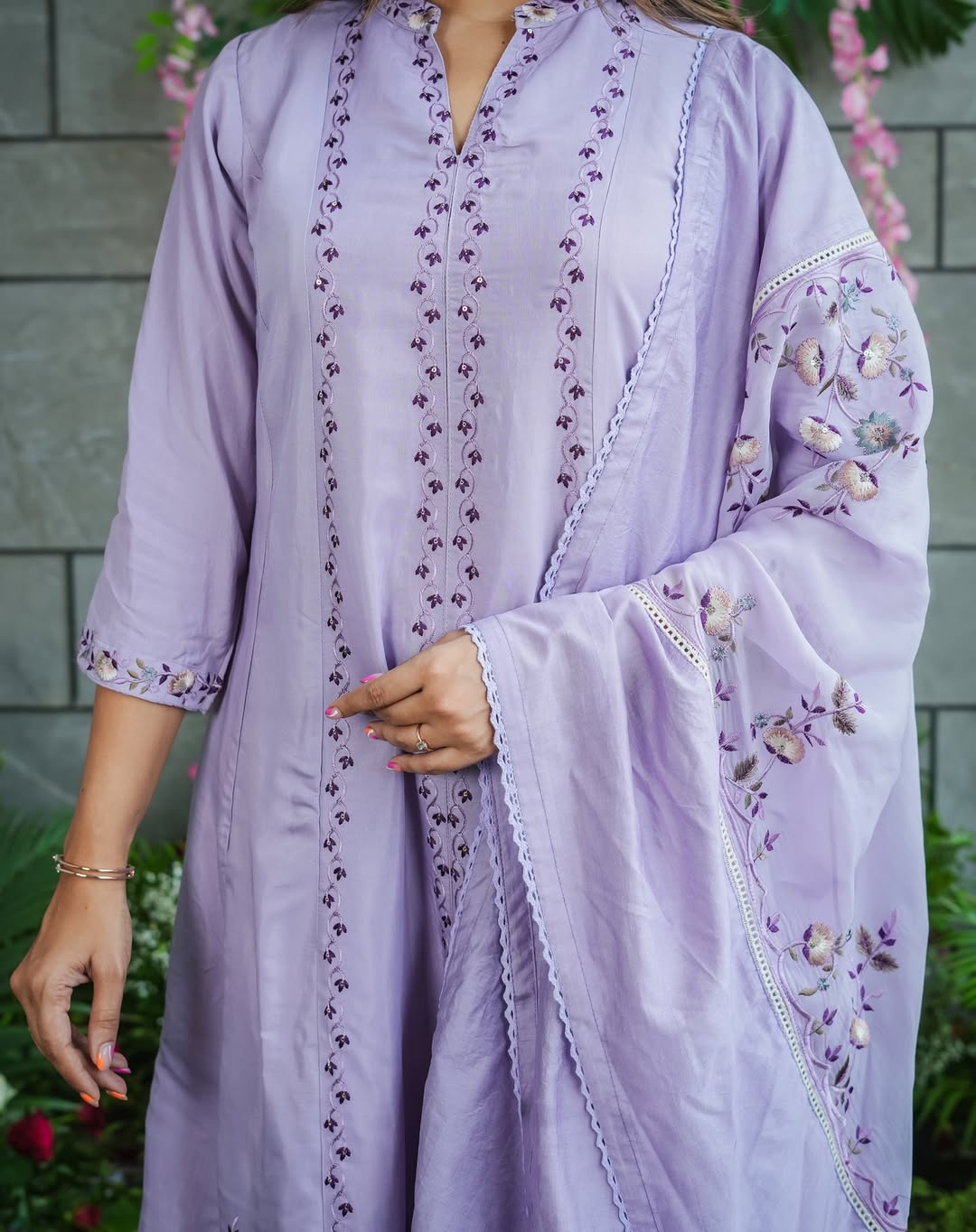 LavenderMuslin Cotton Embroidered Work A-Line Kurta Set