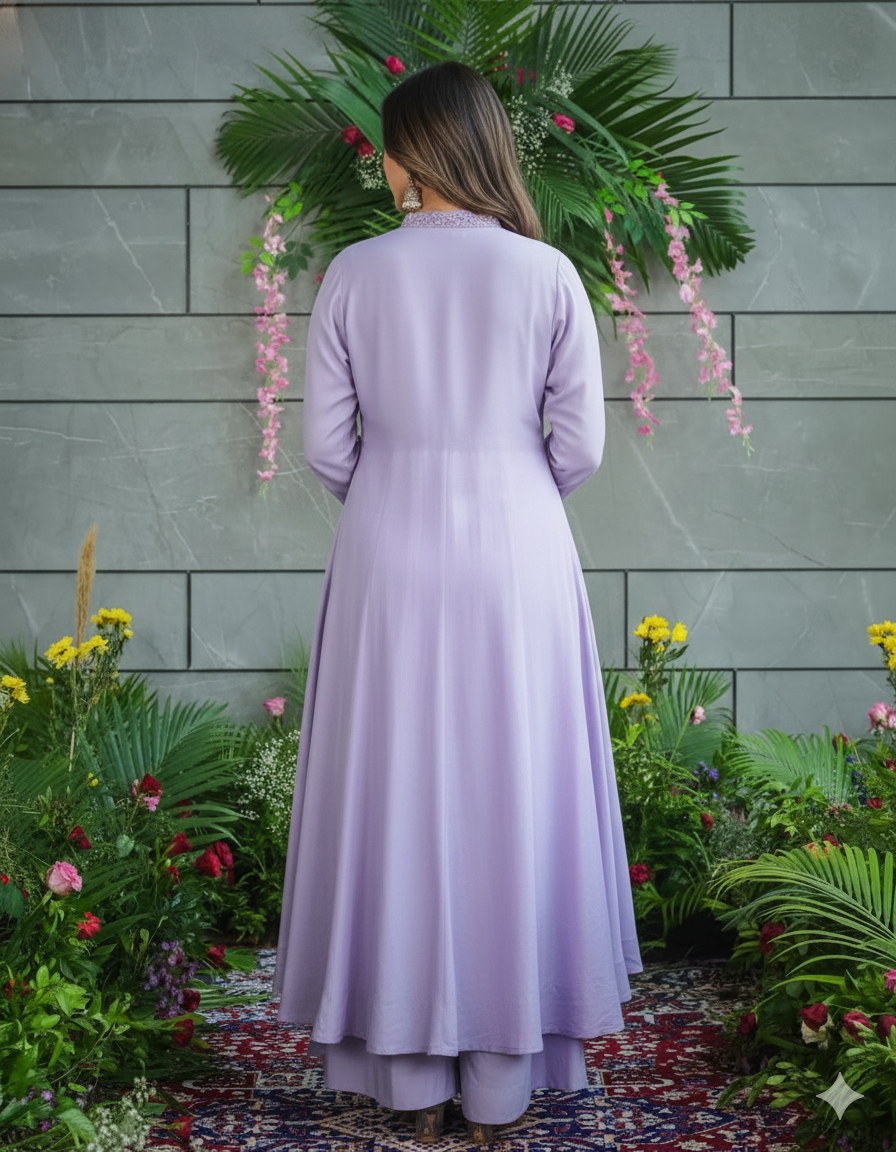 LavenderMuslin Cotton Embroidered Work A-Line Kurta Set