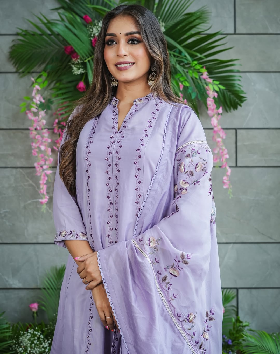 LavenderMuslin Cotton Embroidered Work A-Line Kurta Set