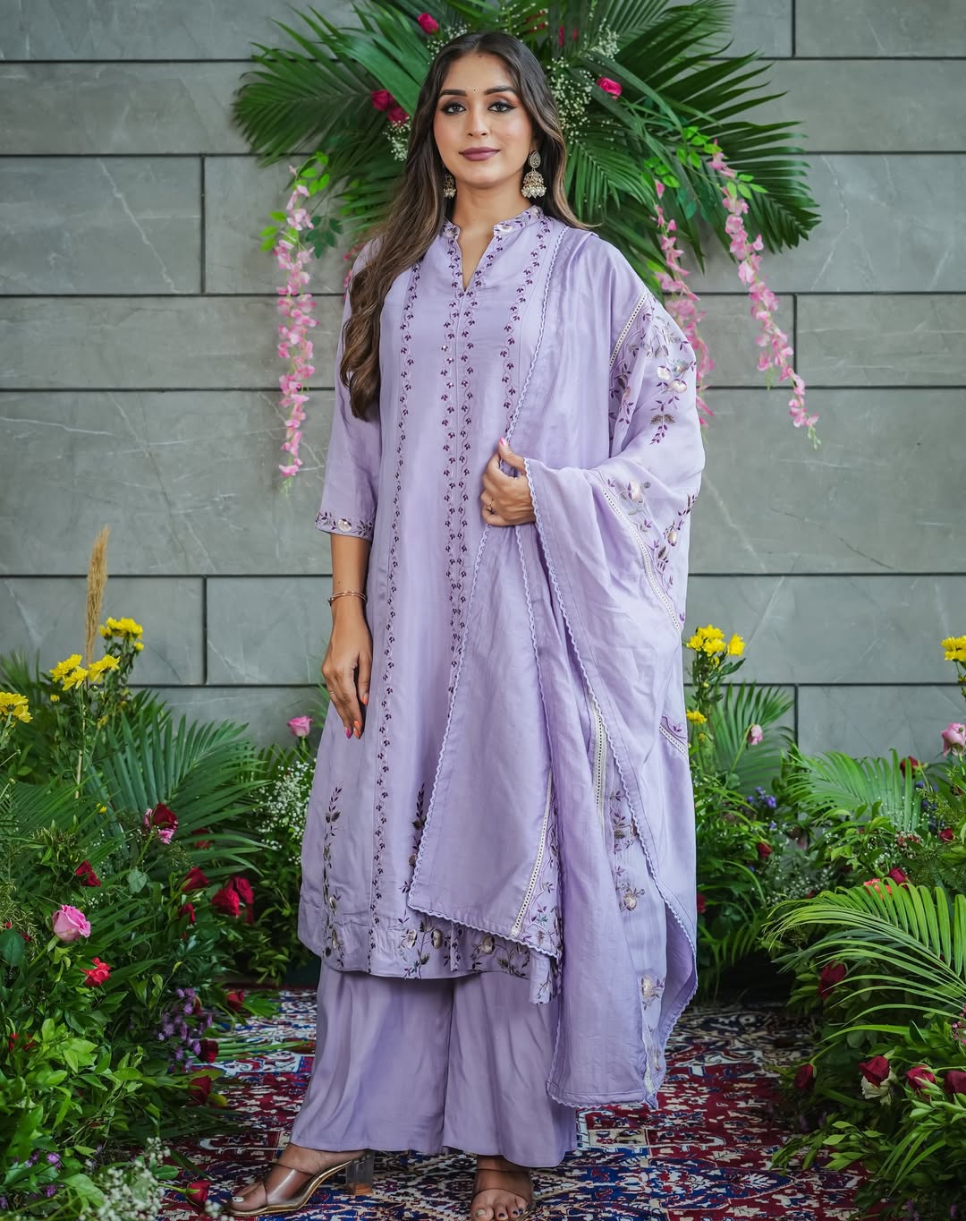 LavenderMuslin Cotton Embroidered Work A-Line Kurta Set