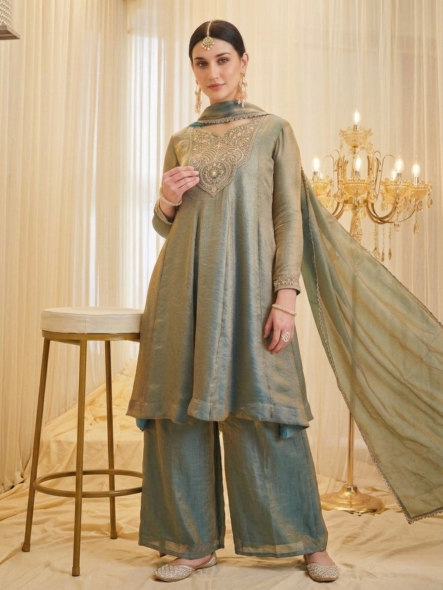 Silk Embroidered Flared Kurta Palazzo Suit Set with Dupatta