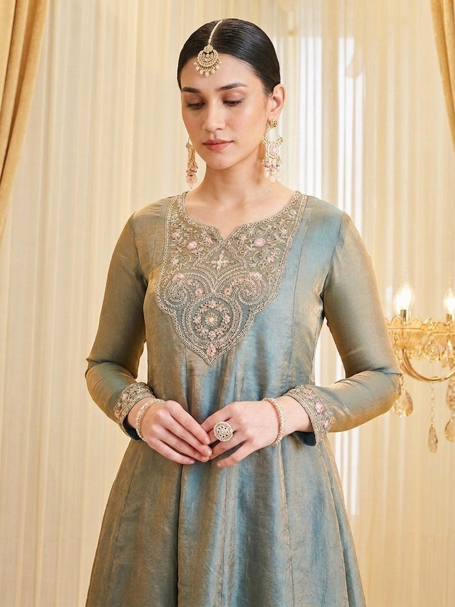Silk Embroidered Flared Kurta Palazzo Suit Set with Dupatta
