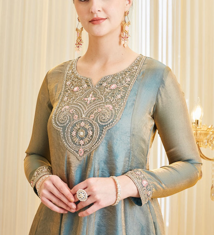 Silk Embroidered Flared Kurta Palazzo Suit Set with Dupatta