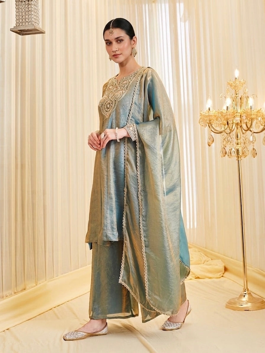 Silk Embroidered Flared Kurta Palazzo Suit Set with Dupatta