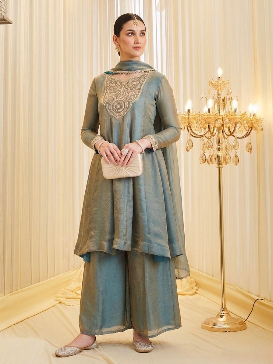 Silk Embroidered Flared Kurta Palazzo Suit Set with Dupatta