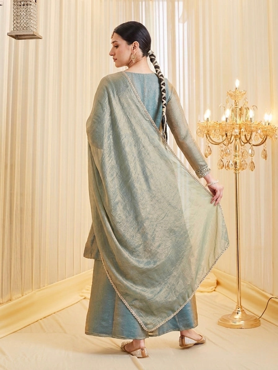 Silk Embroidered Flared Kurta Palazzo Suit Set with Dupatta