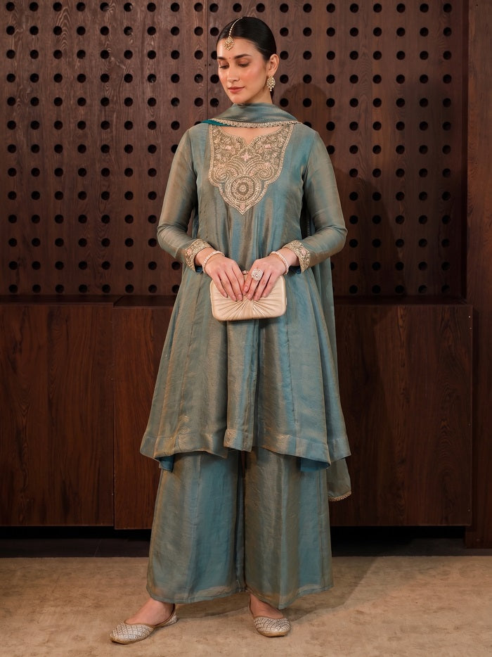 Silk Embroidered Flared Kurta Palazzo Suit Set with Dupatta