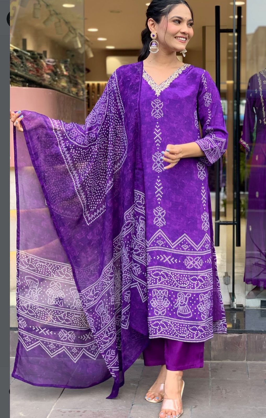 Purple French Crepe Print Suit Set